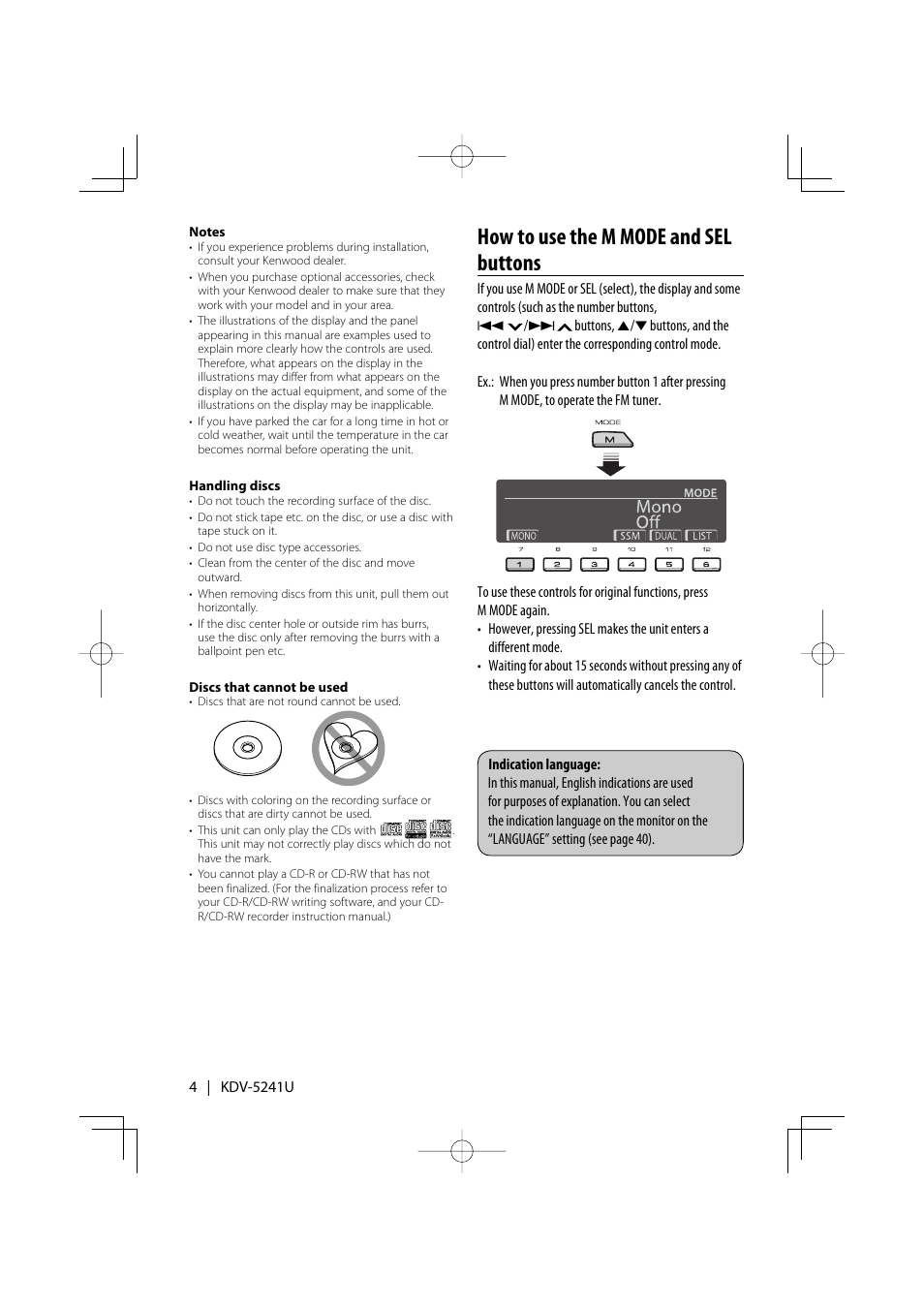 How to use the m mode and sel buttons | Kenwood KDV-5241U User Manual | Page 4 / 55
