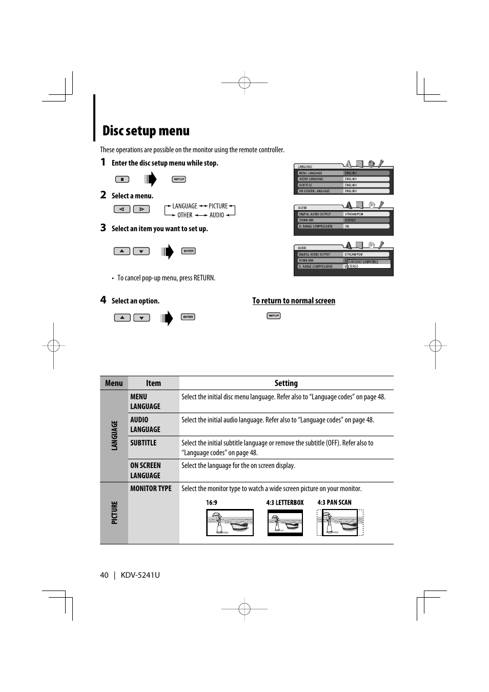 Disc setup menu | Kenwood KDV-5241U User Manual | Page 40 / 55
