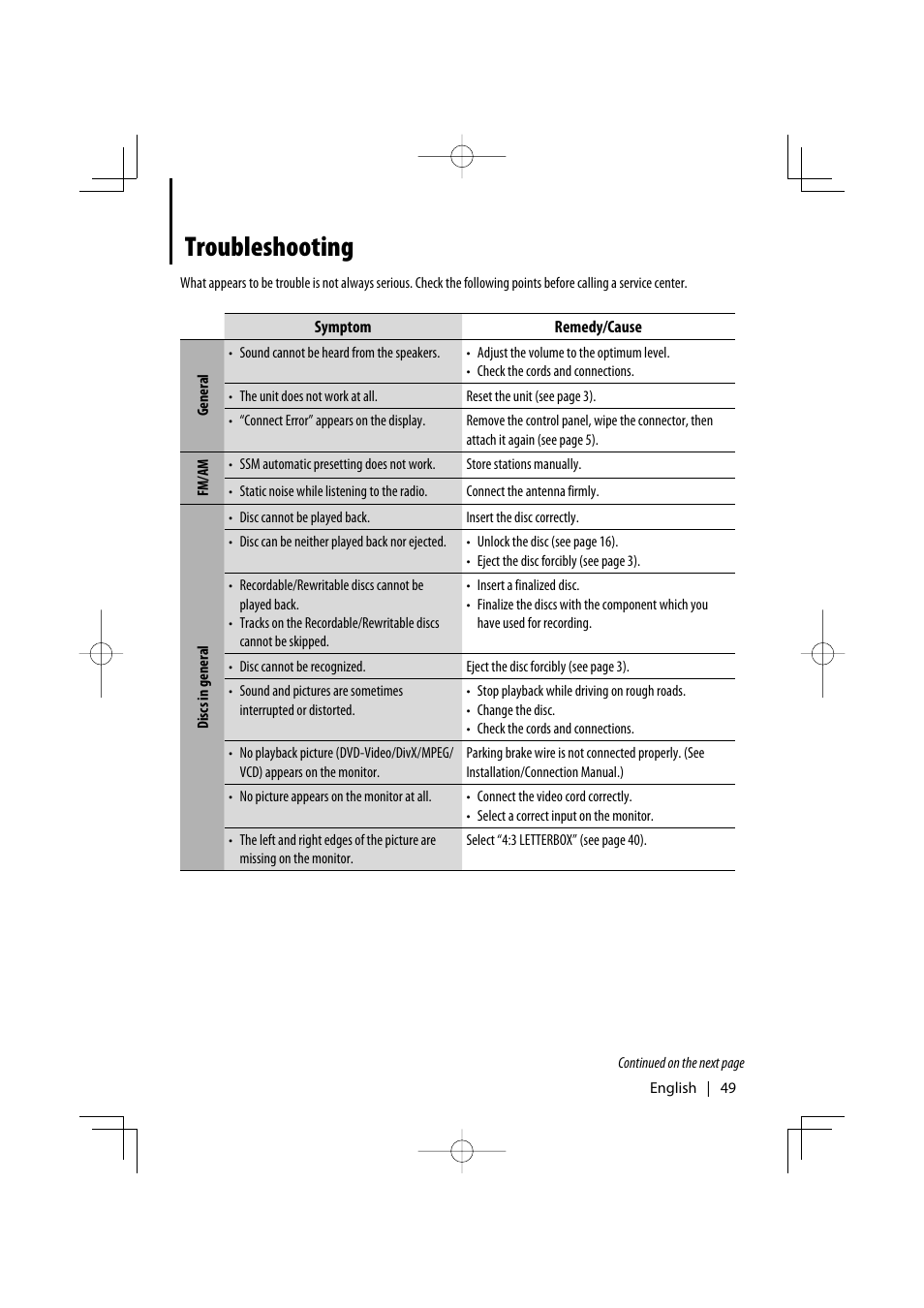 Troubleshooting | Kenwood KDV-5241U User Manual | Page 49 / 55