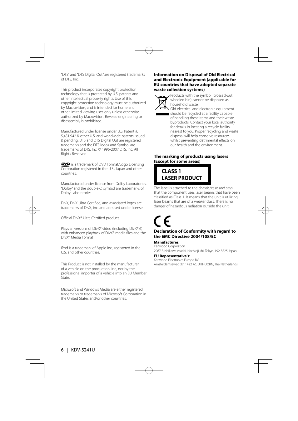 Class 1 laser product | Kenwood KDV-5241U User Manual | Page 6 / 55