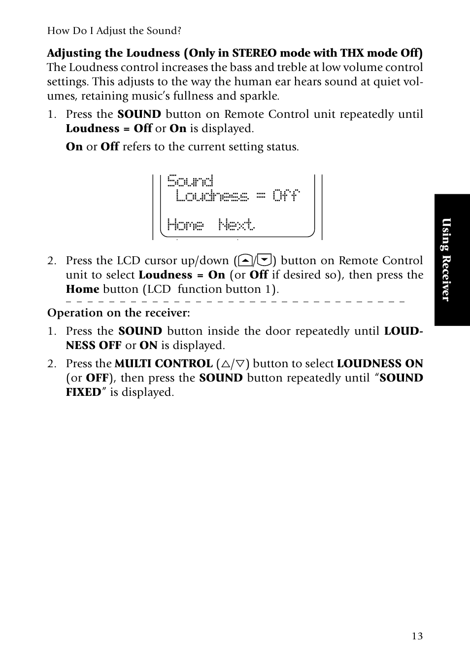 Sound loudness = off home next | Kenwood Sovereign VR-5080 User Manual | Page 21 / 88