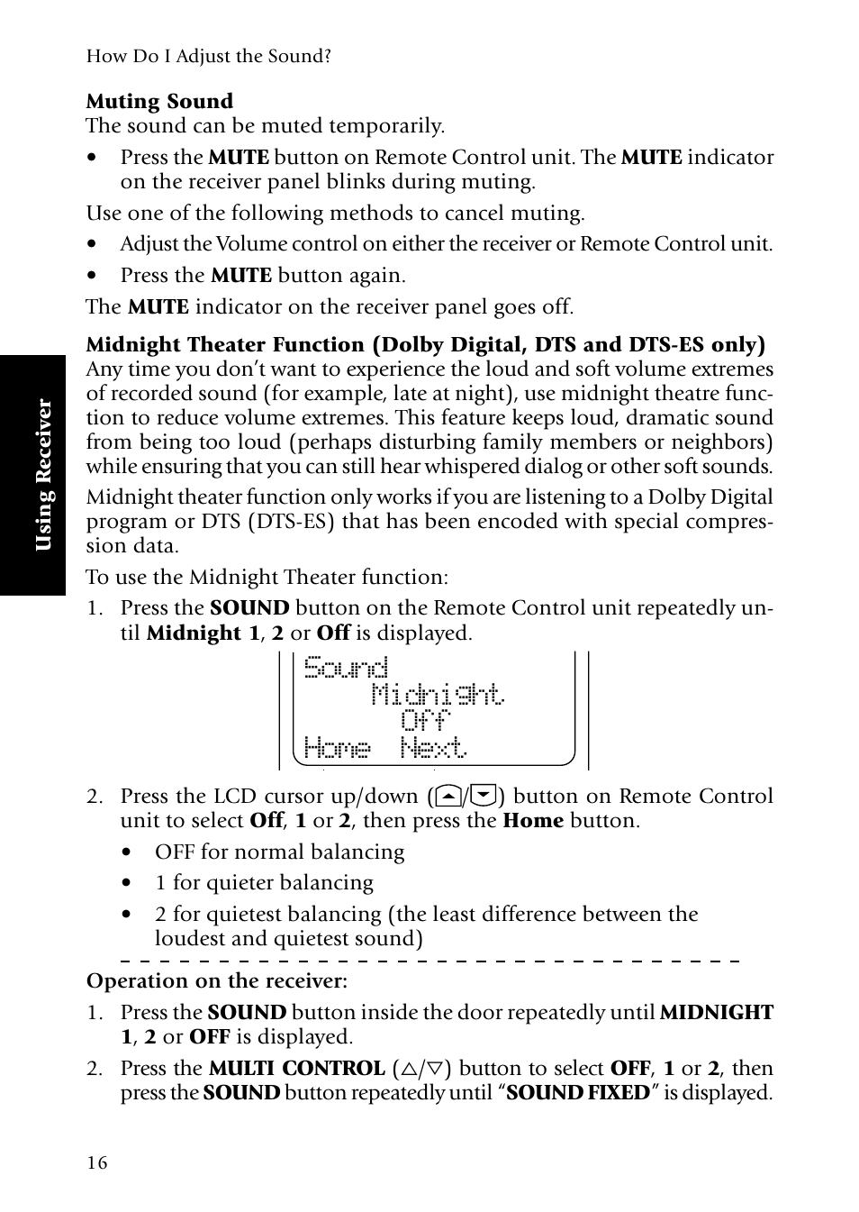 Muting sound, Sound midnight off home next | Kenwood Sovereign VR-5080 User Manual | Page 24 / 88