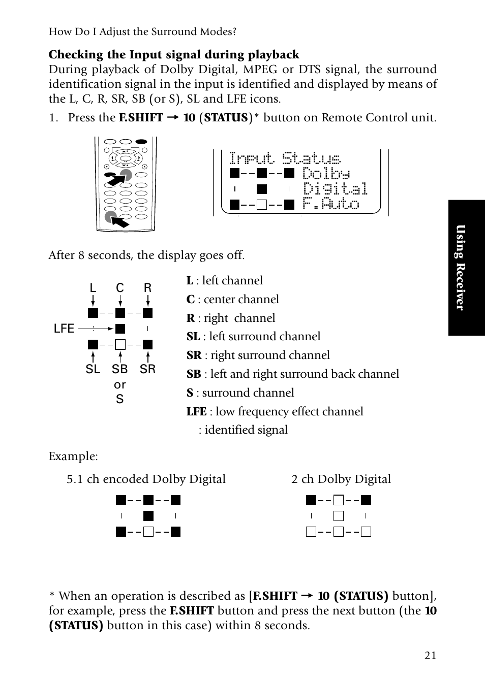 Checking the input signal during playback, Input status dolby digital f.auto, Using r eceiv er | How do i adjust the surround modes | Kenwood Sovereign VR-5080 User Manual | Page 29 / 88