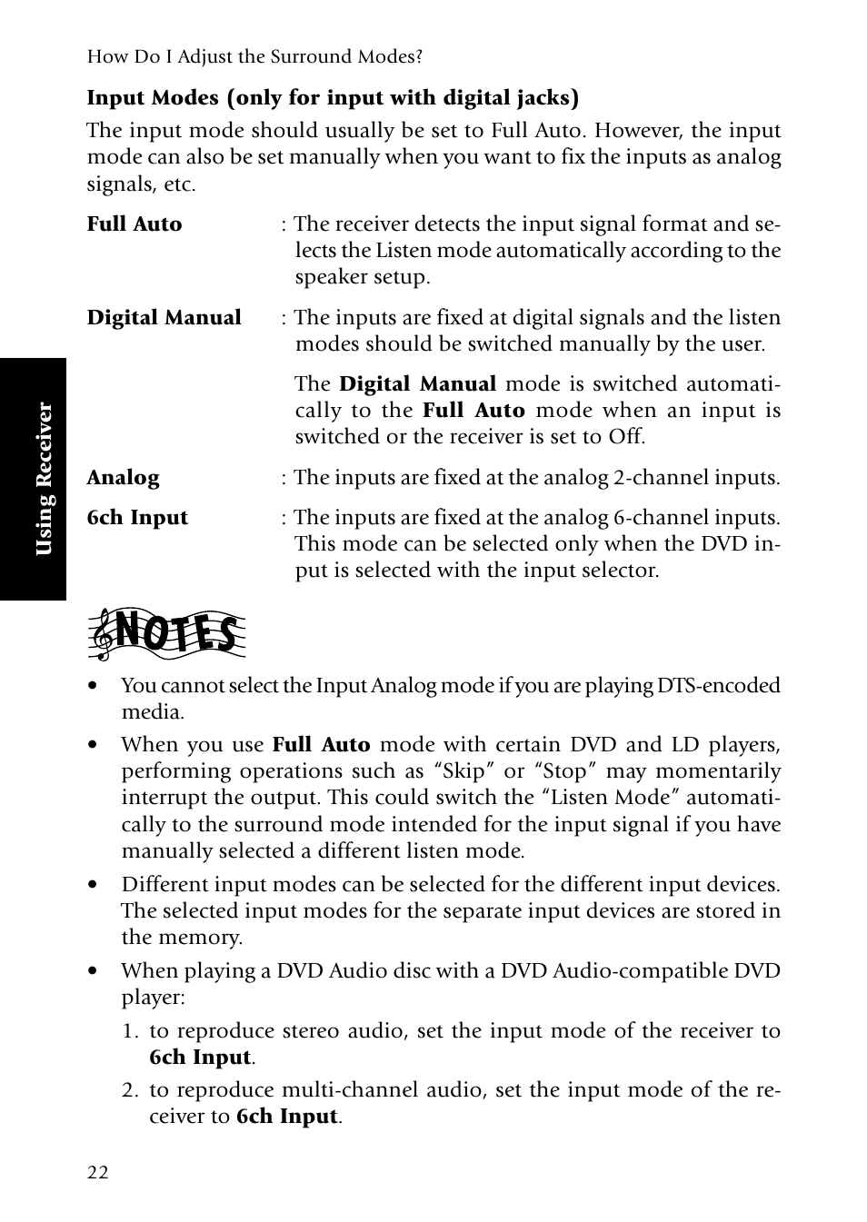 Input modes (only for input with digital jacks) | Kenwood Sovereign VR-5080 User Manual | Page 30 / 88