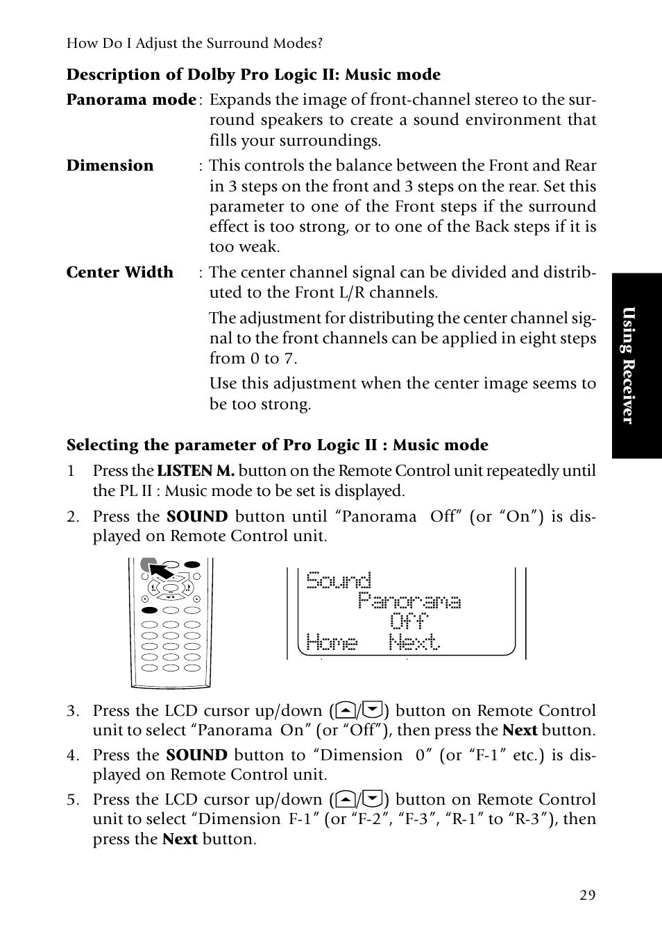 Description of dolby pro logic ii: music mode, Sound panorama off home next, Using r eceiv er | How do i adjust the surround modes | Kenwood Sovereign VR-5080 User Manual | Page 37 / 88