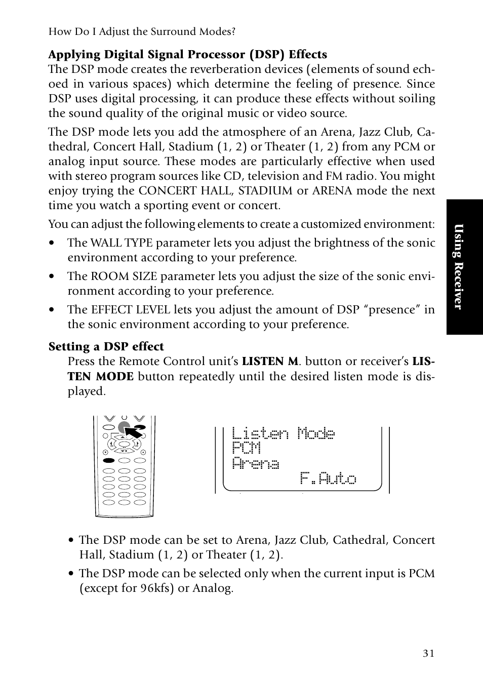 Applying digital signal processor (dsp) effects, Setting a dsp effect, Listen mode pcm arena f.auto | Using r eceiv er, How do i adjust the surround modes | Kenwood Sovereign VR-5080 User Manual | Page 39 / 88