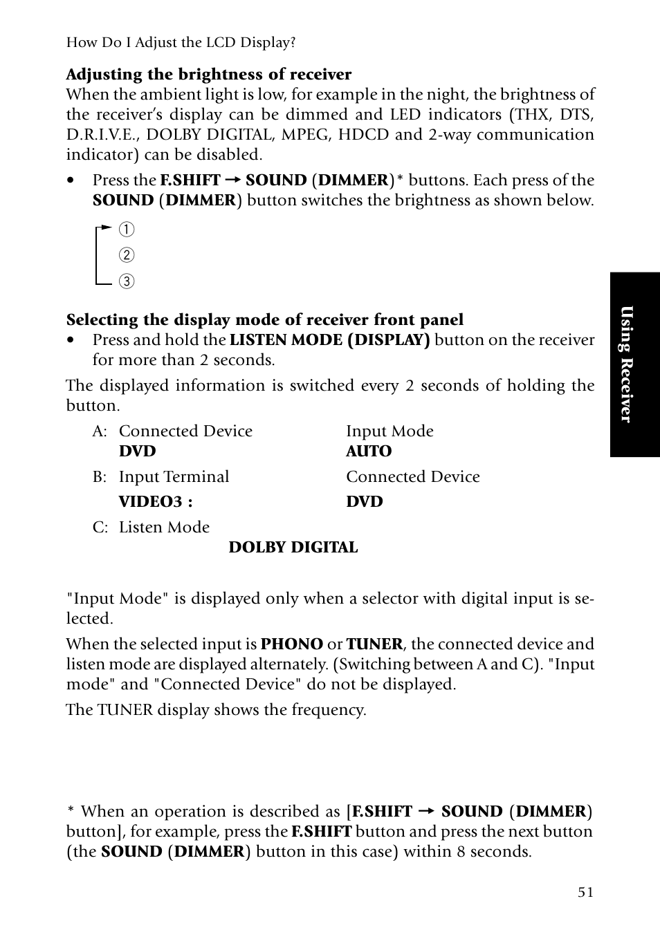 Adjusting the brightness of receiver, Selecting the display mode of receiver front panel | Kenwood Sovereign VR-5080 User Manual | Page 59 / 88