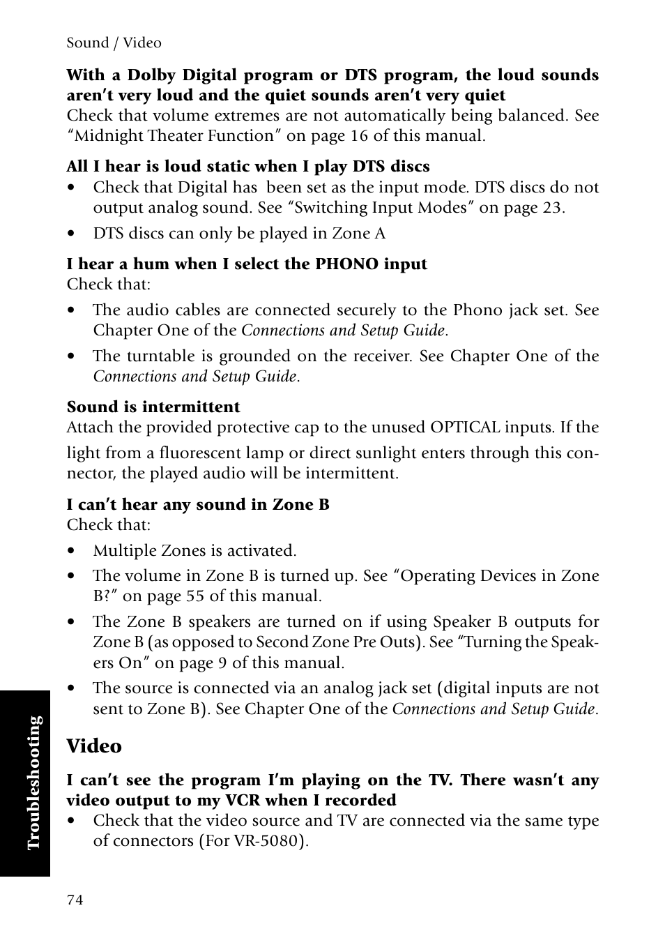 All i hear is loud static when i play dts discs, I hear a hum when i select the phono input, I can’t hear any sound in zone b | Video | Kenwood Sovereign VR-5080 User Manual | Page 82 / 88