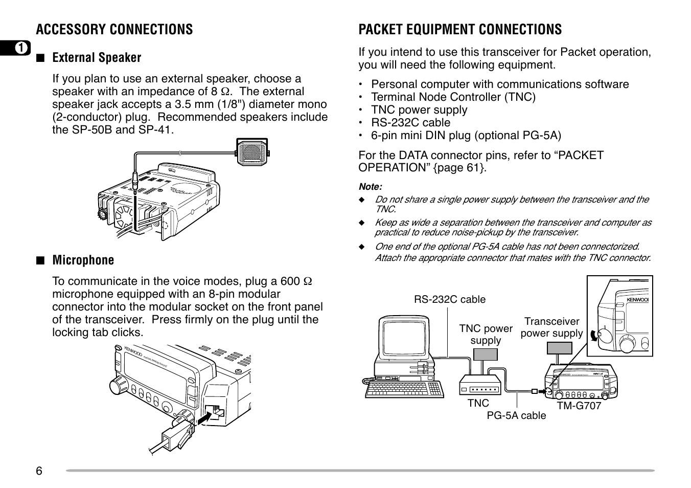 Packet equipment connections, Accessory connections | Kenwood TM-G707 User Manual | Page 12 / 84