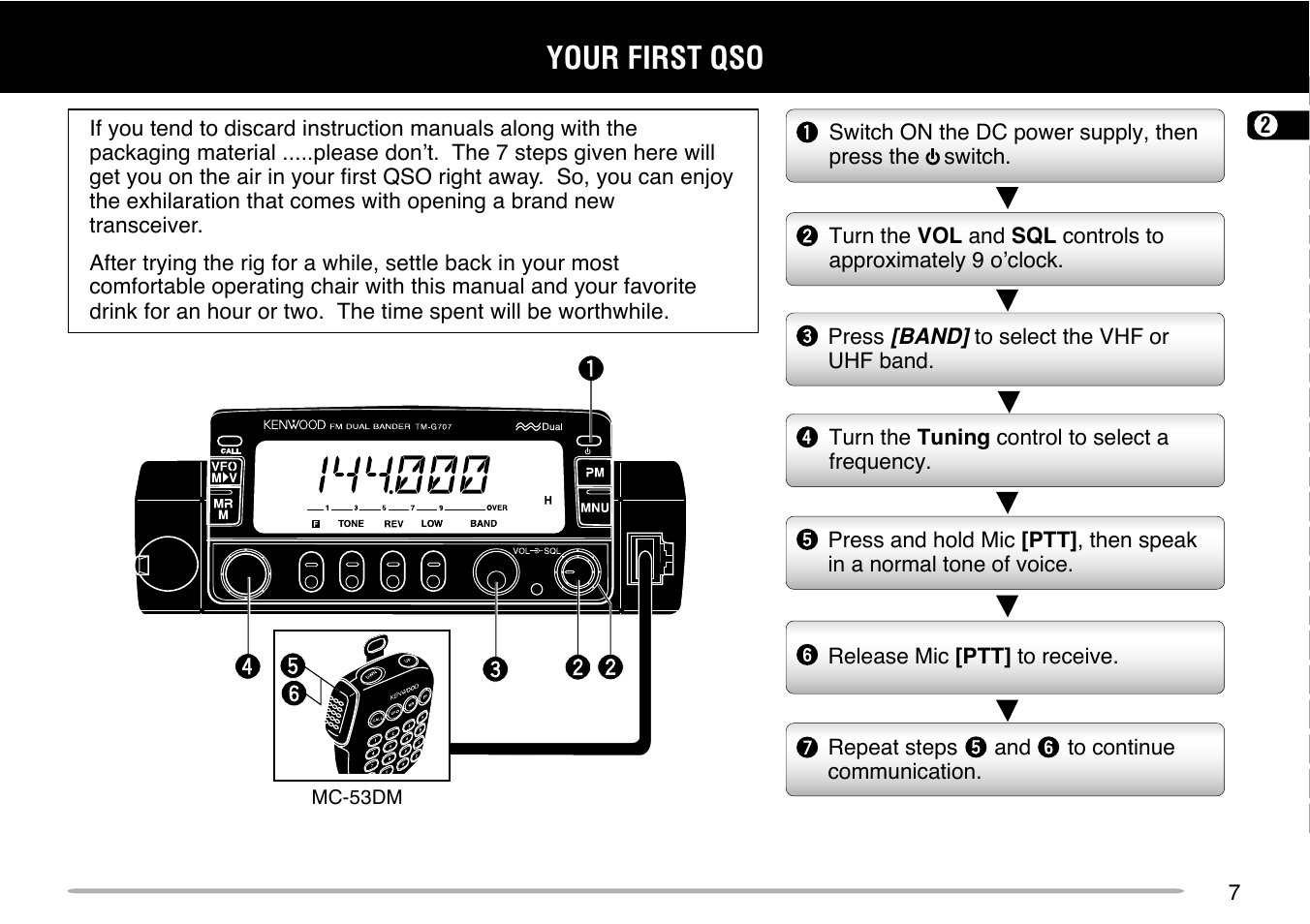 Your first qso | Kenwood TM-G707 User Manual | Page 13 / 84