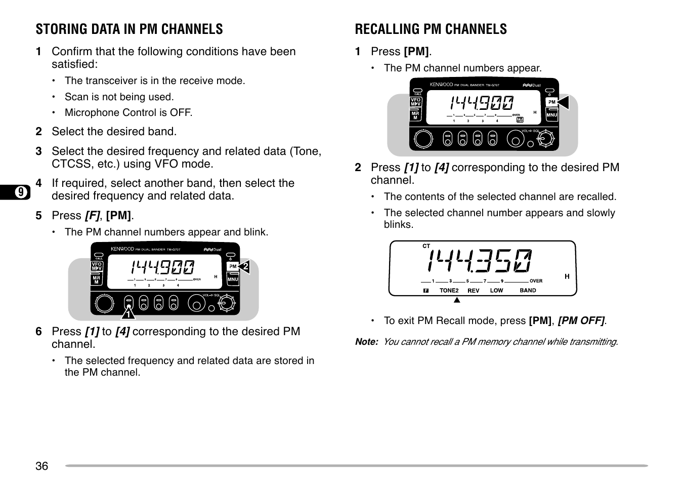 Storing data in pm channels, Recalling pm channels | Kenwood TM-G707 User Manual | Page 42 / 84