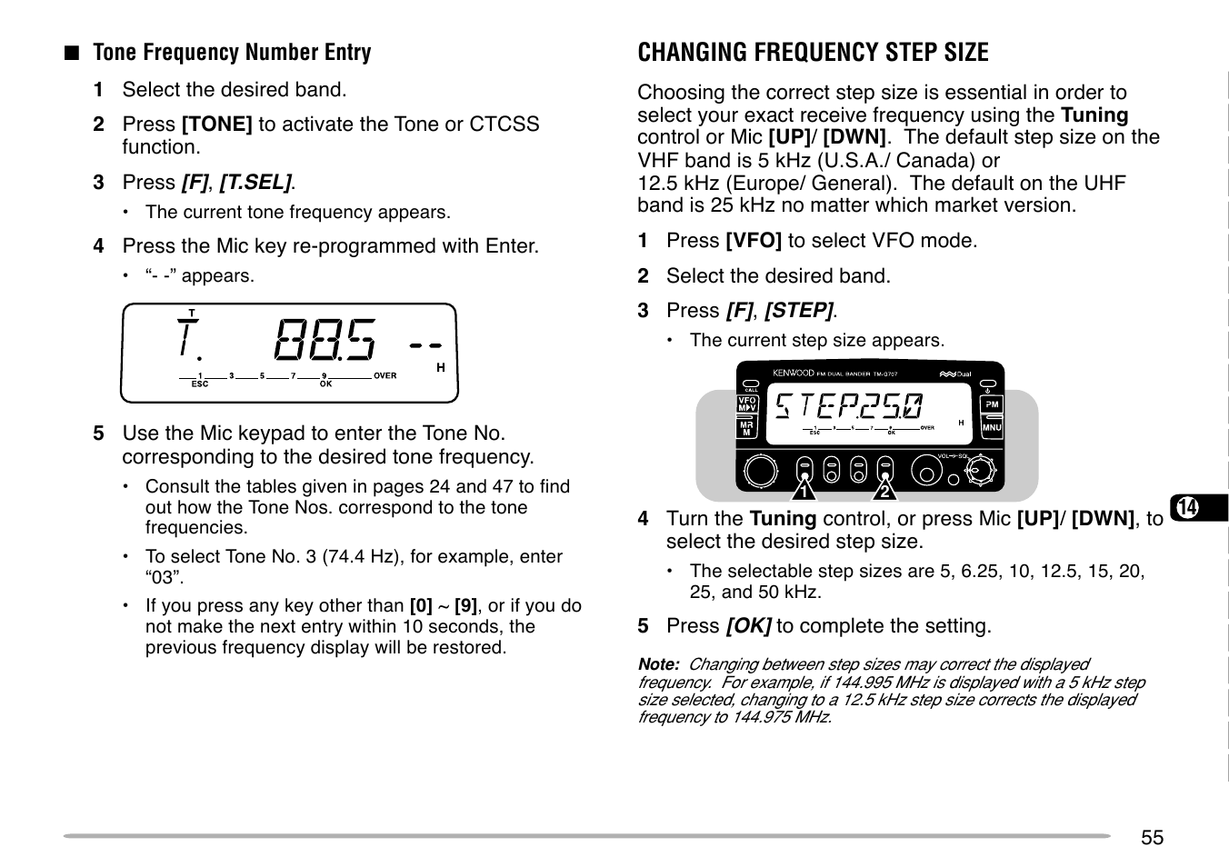 Changing frequency step size | Kenwood TM-G707 User Manual | Page 61 / 84