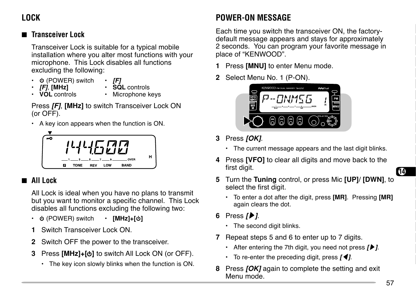 Lock, Power-on message | Kenwood TM-G707 User Manual | Page 63 / 84