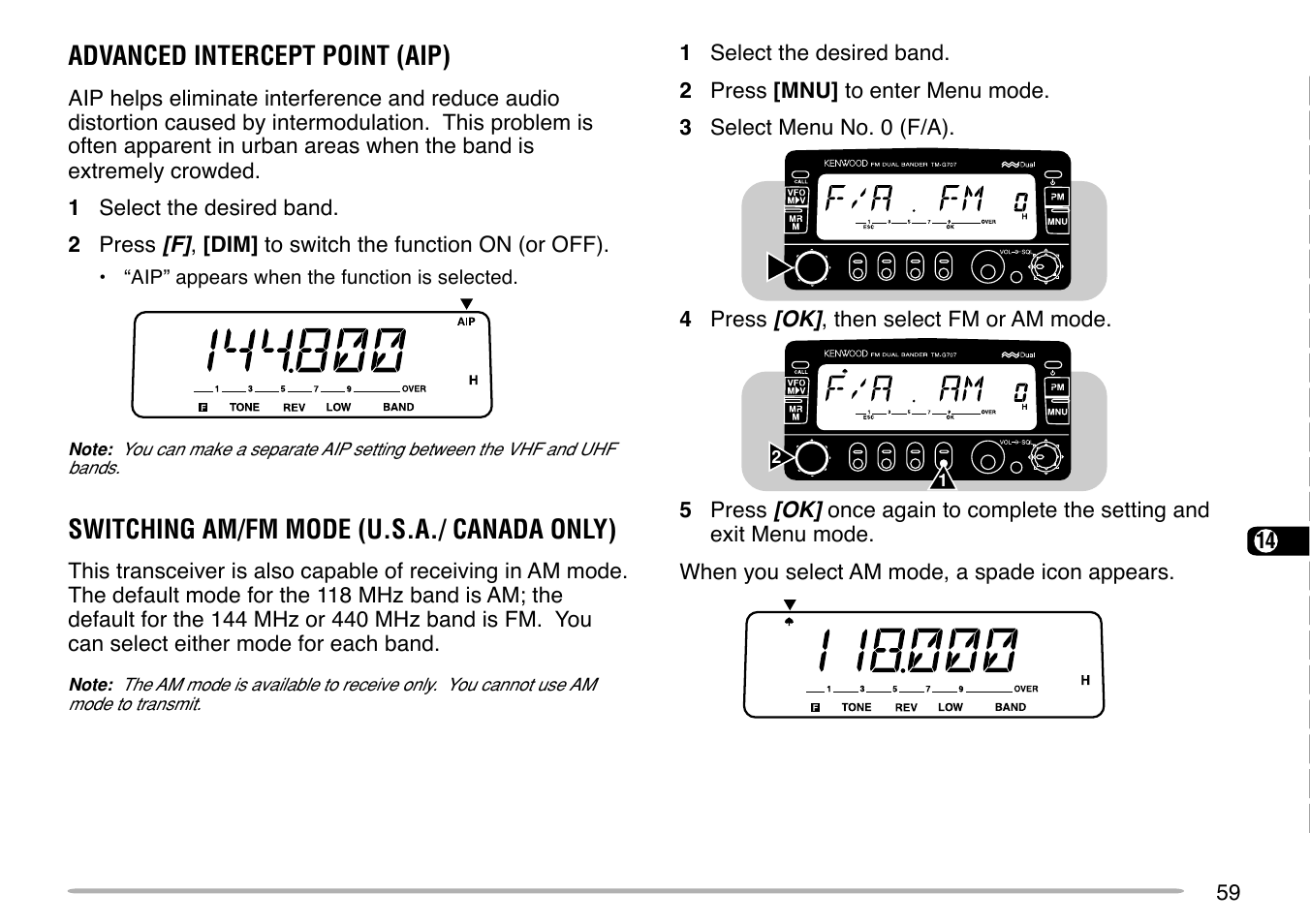 Advanced intercept point (aip), Switching am/fm mode (u.s.a./ canada only) | Kenwood TM-G707 User Manual | Page 65 / 84