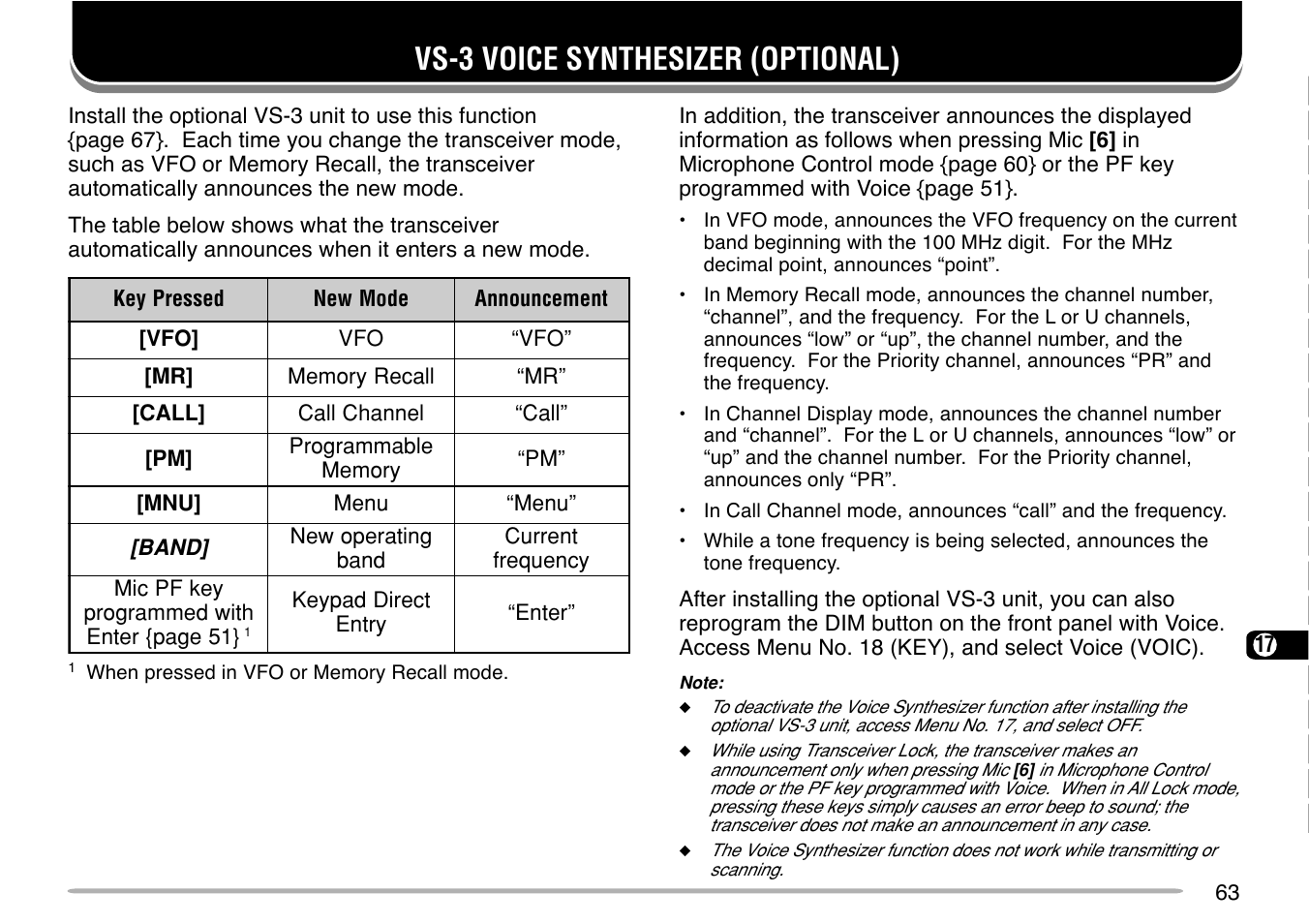 Vs-3 voice synthesizer (optional) | Kenwood TM-G707 User Manual | Page 69 / 84