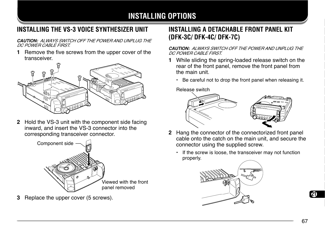 Installing options, Installing the vs-3 voice synthesizer unit | Kenwood TM-G707 User Manual | Page 73 / 84