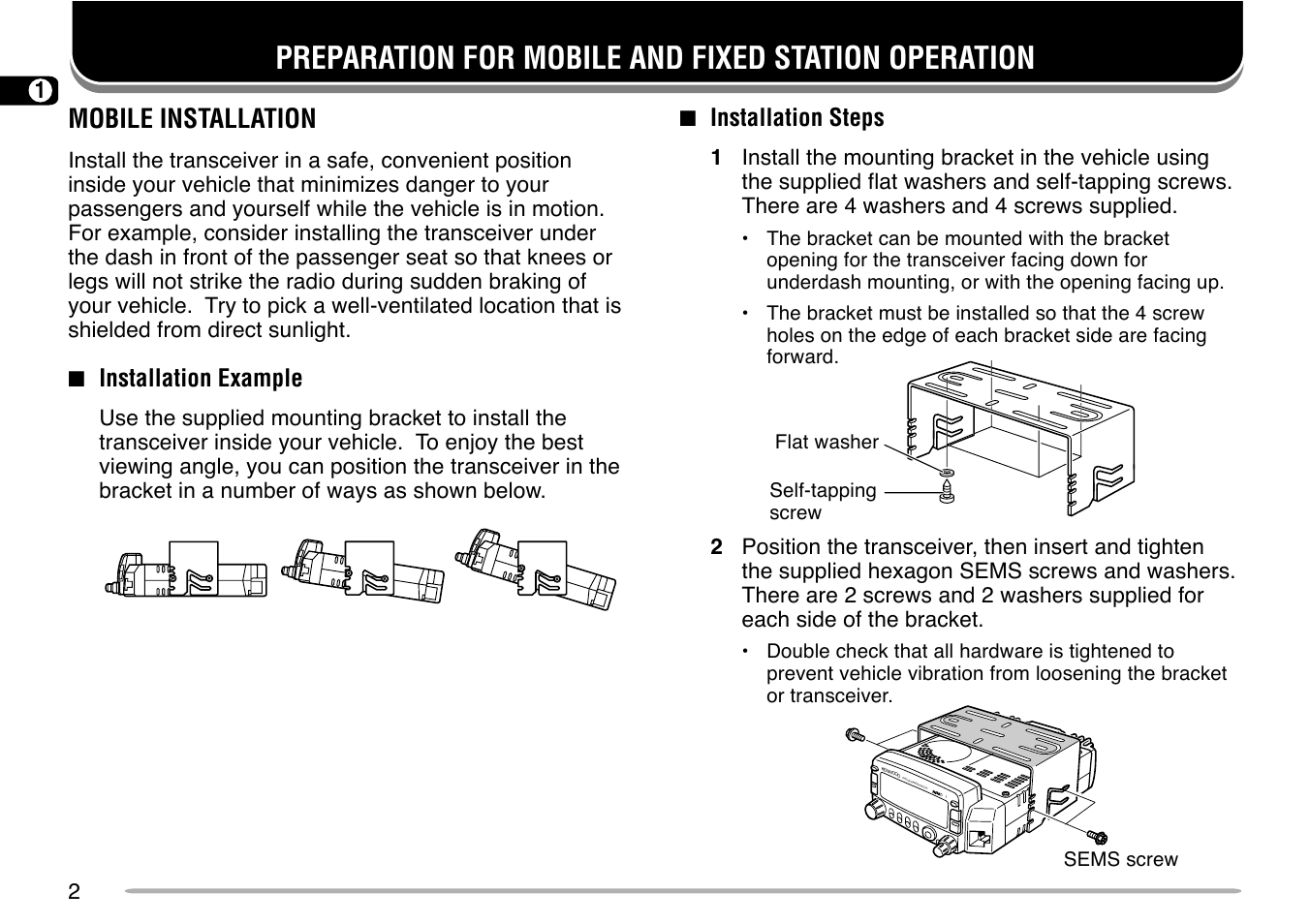 Preparation for mobile and fixed station operation, Mobile installation | Kenwood TM-G707 User Manual | Page 8 / 84