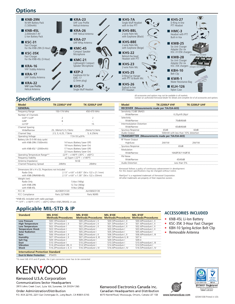 Options, Specifications, Applicable mil-std & ip | Accessories included, Knb-29n, Knb-45l, Ksc-31, Ksc-35k, Kra-16, Kra-17 | Kenwood ProTalk TK-3200LP User Manual | Page 2 / 2