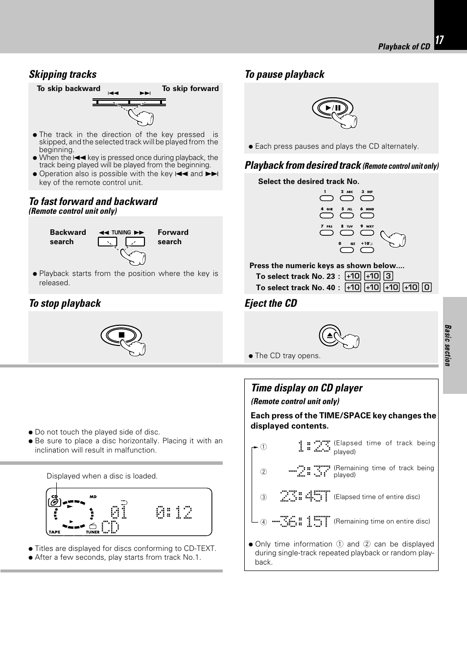 Skipping tracks, Playback from desired track, Time display on cd player | Eject the cd | Kenwood HM-382MD User Manual | Page 17 / 72