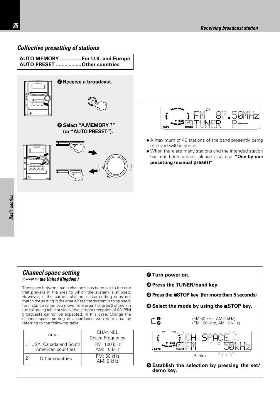 Tfm 87.50mhz uner p-- w e, Collective presetting of stations, Channel space setting | Kenwood HM-382MD User Manual | Page 26 / 72