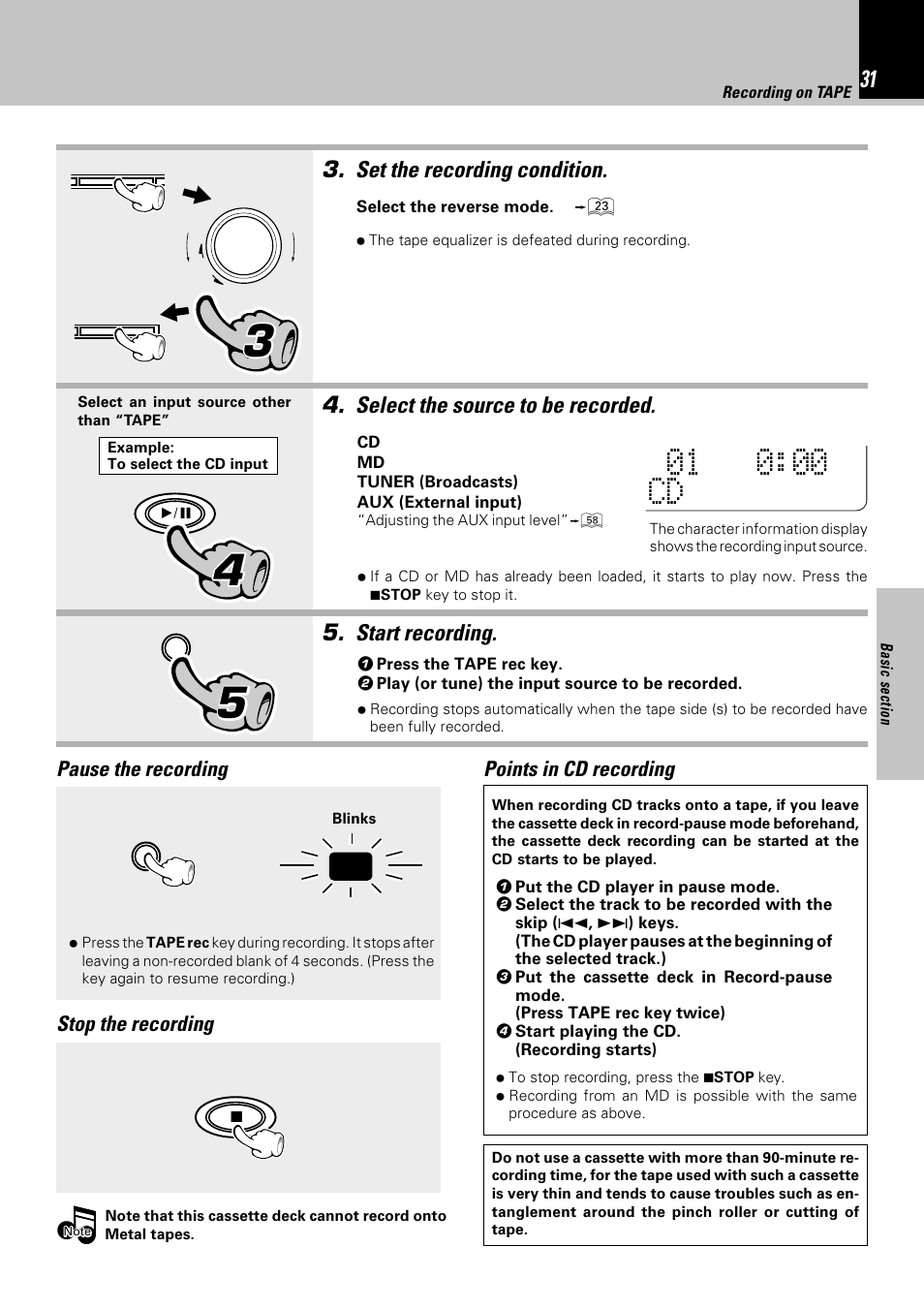 Select the source to be recorded, Start recording, Set the recording condition | Kenwood HM-382MD User Manual | Page 31 / 72