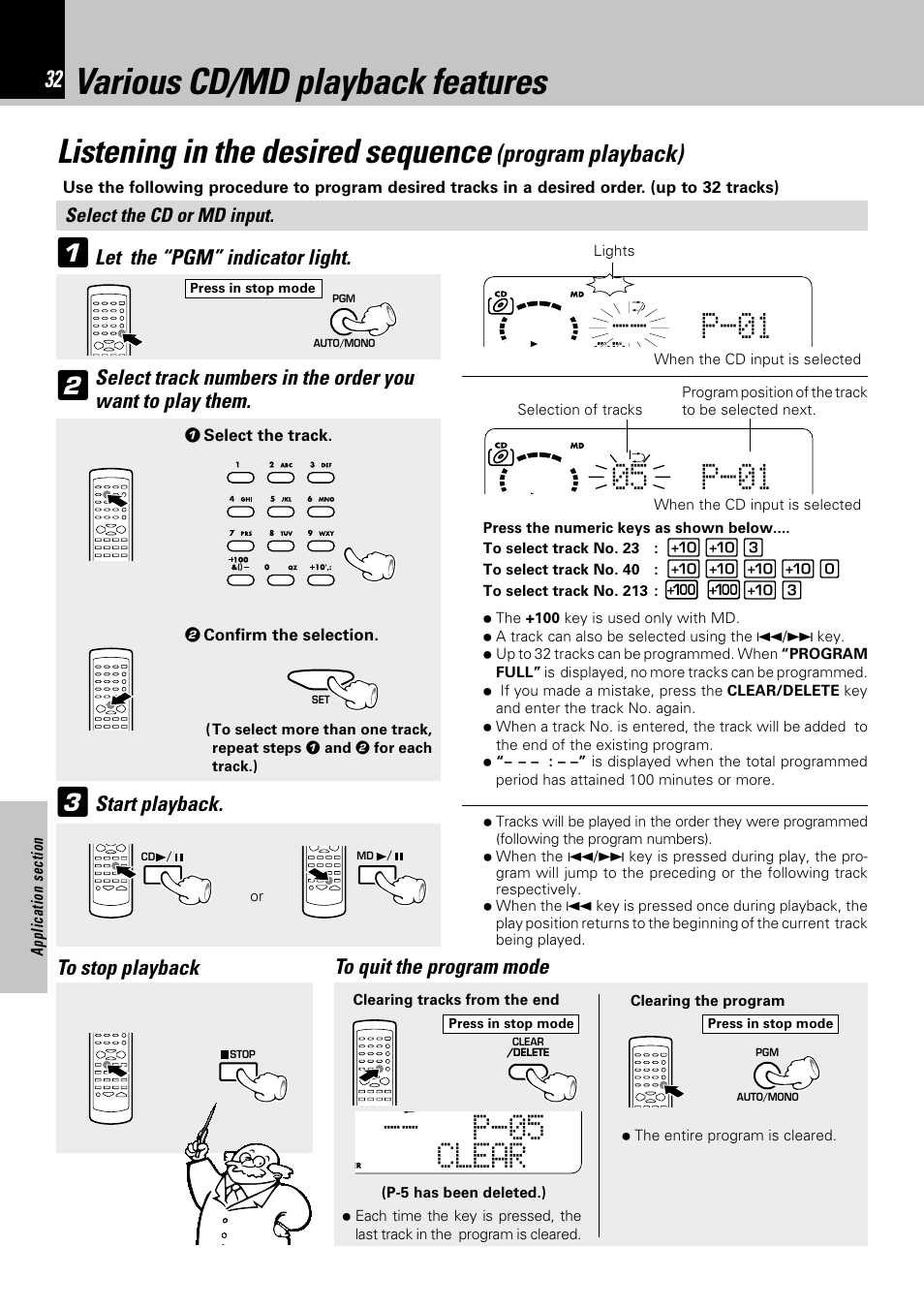 Various cd/md playback features, Listening in the desired sequence, C-- p-01 d kenwood | 05 p-01, P-05 clear, Program playback), Start playback | Kenwood HM-382MD User Manual | Page 32 / 72