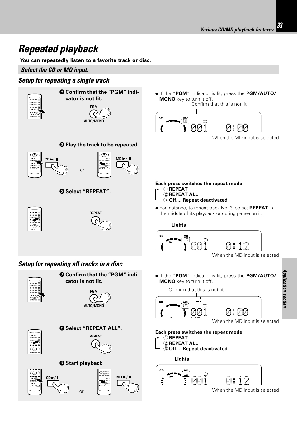 Repeated playback, Setup for repeating a single track, Setup for repeating all tracks in a disc | Kenwood HM-382MD User Manual | Page 33 / 72