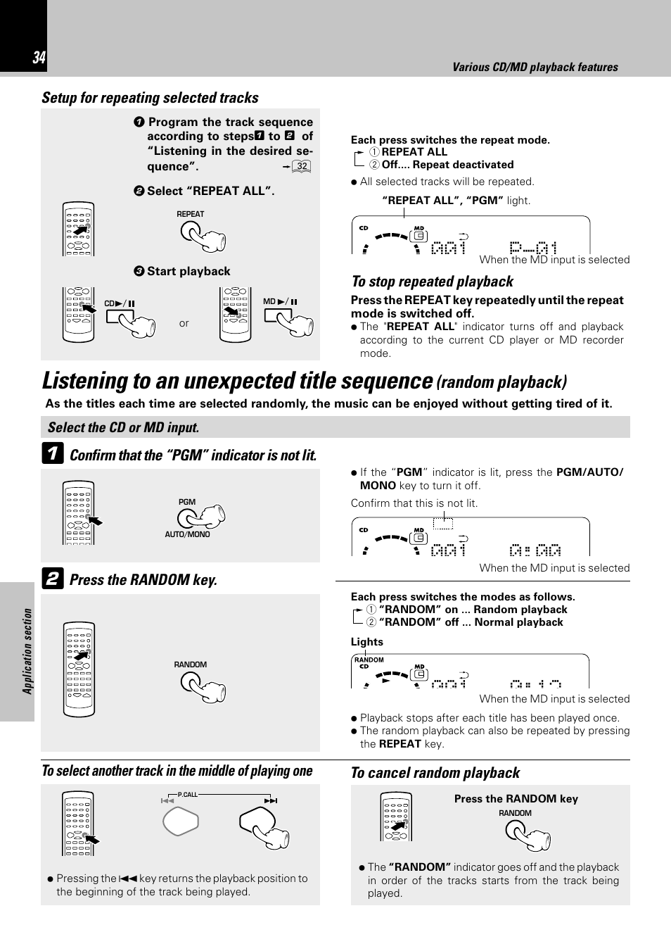 Listening to an unexpected title sequence, Random playback), Confirm that the “pgm” indicator is not lit | Press the random key, Setup for repeating selected tracks | Kenwood HM-382MD User Manual | Page 34 / 72