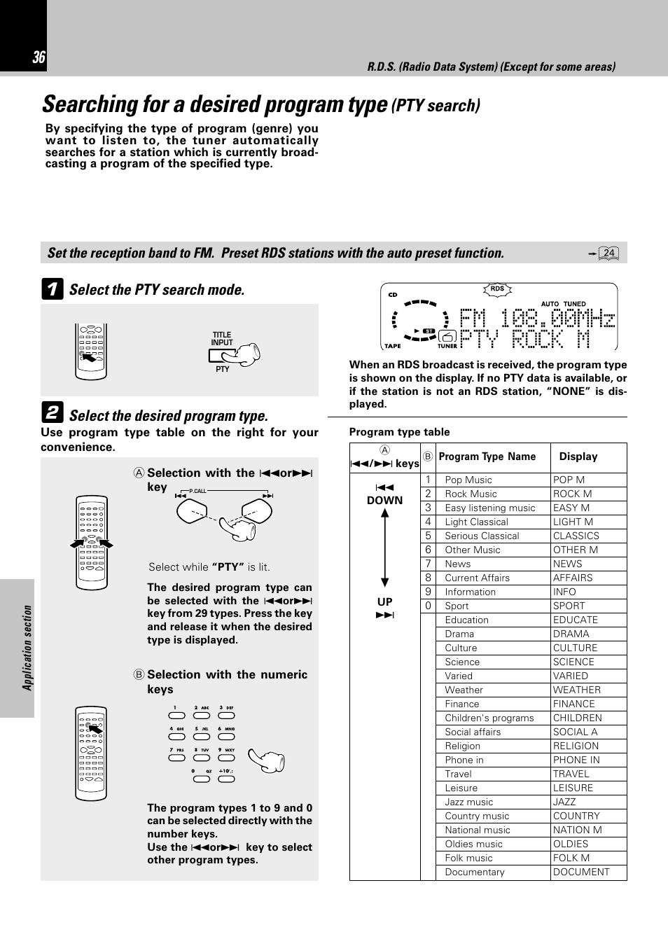 Searching for a desired program type, Pty search), Select the pty search mode | Select the desired program type | Kenwood HM-382MD User Manual | Page 36 / 72