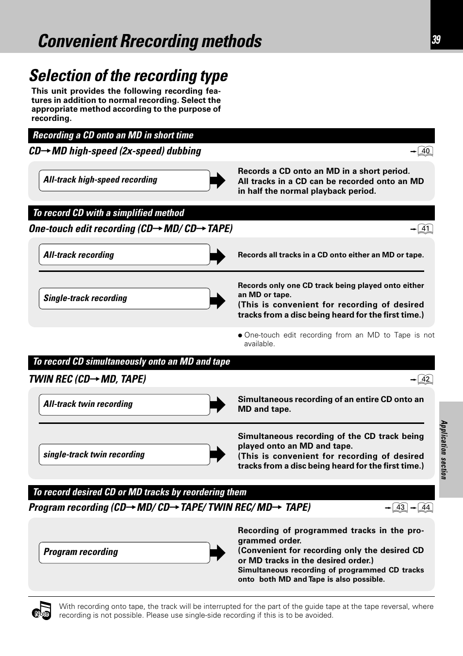 Convenient rrecording methods, Selection of the recording type | Kenwood HM-382MD User Manual | Page 39 / 72