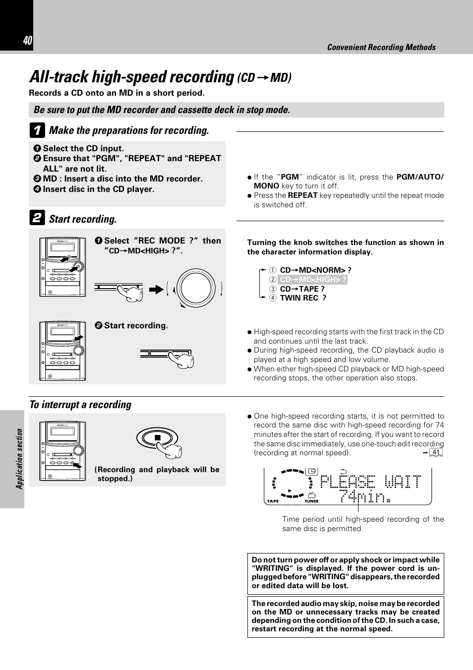 All-track high-speed recording, Please wait 74min, Make the preparations for recording | Start recording | Kenwood HM-382MD User Manual | Page 40 / 72