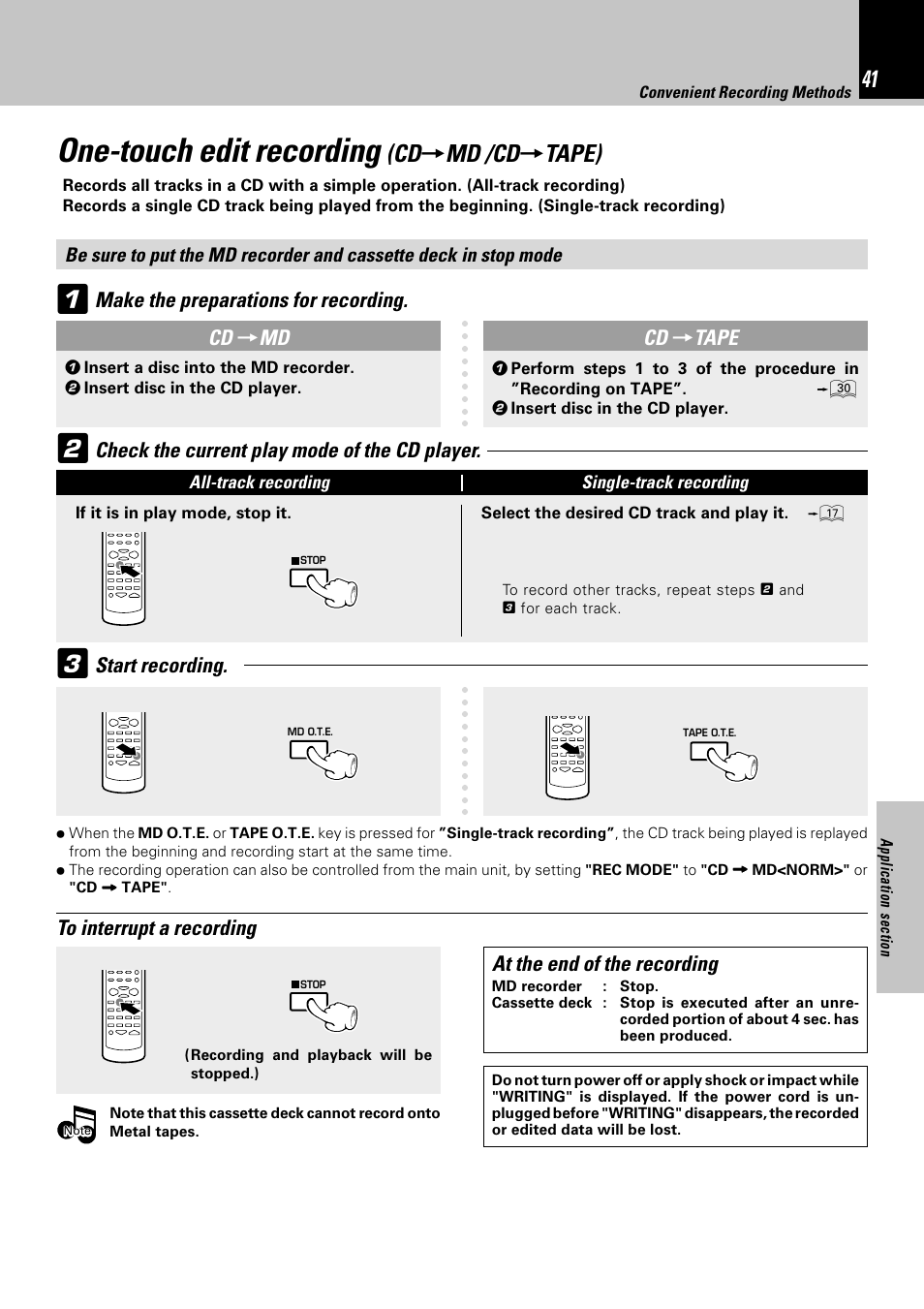 One-touch edit recording, Md /cd, Tape) | Make the preparations for recording, At the end of the recording | Kenwood HM-382MD User Manual | Page 41 / 72