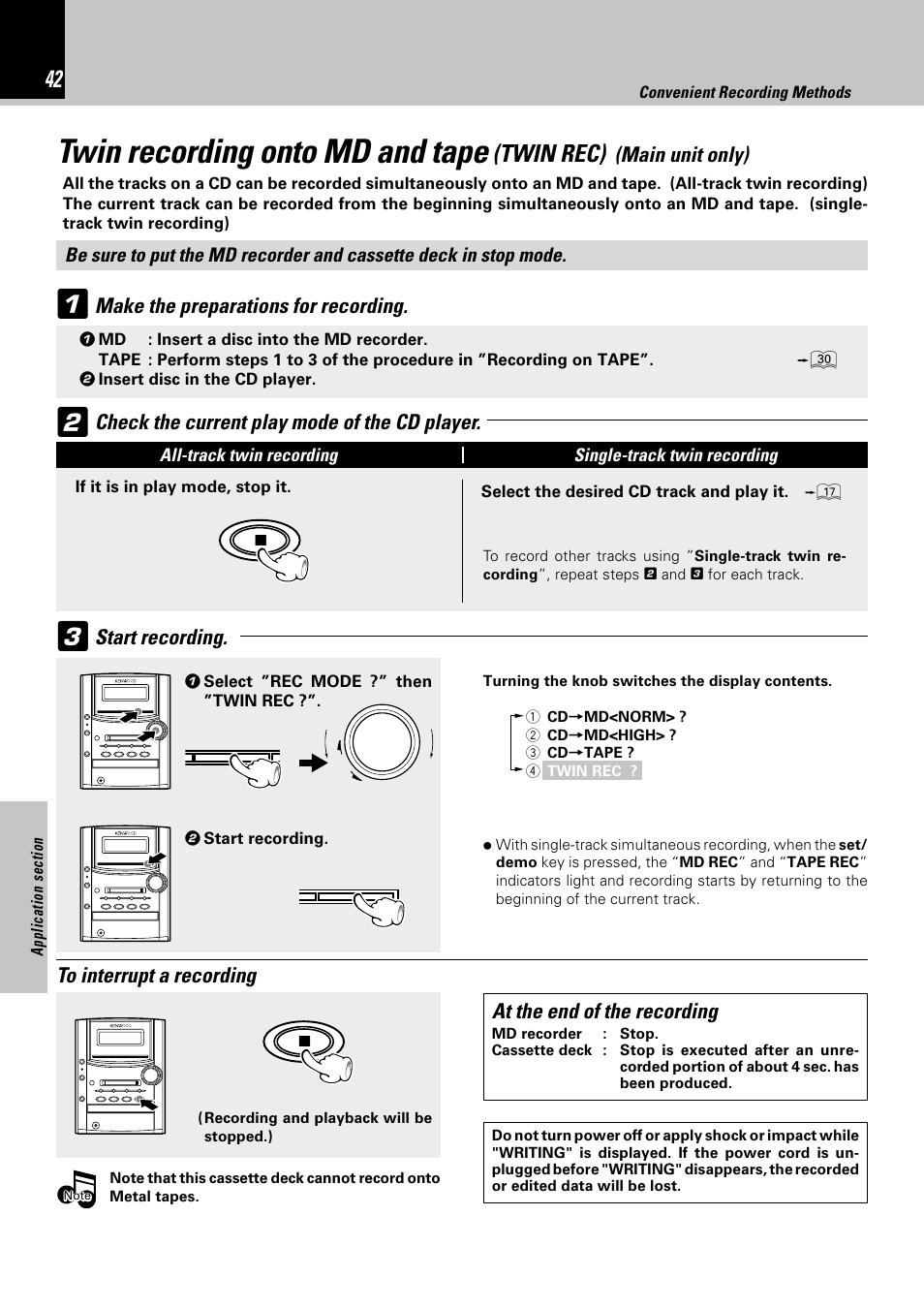 Twin recording onto md and tape, Twin rec), Main unit only) | Make the preparations for recording, At the end of the recording | Kenwood HM-382MD User Manual | Page 42 / 72