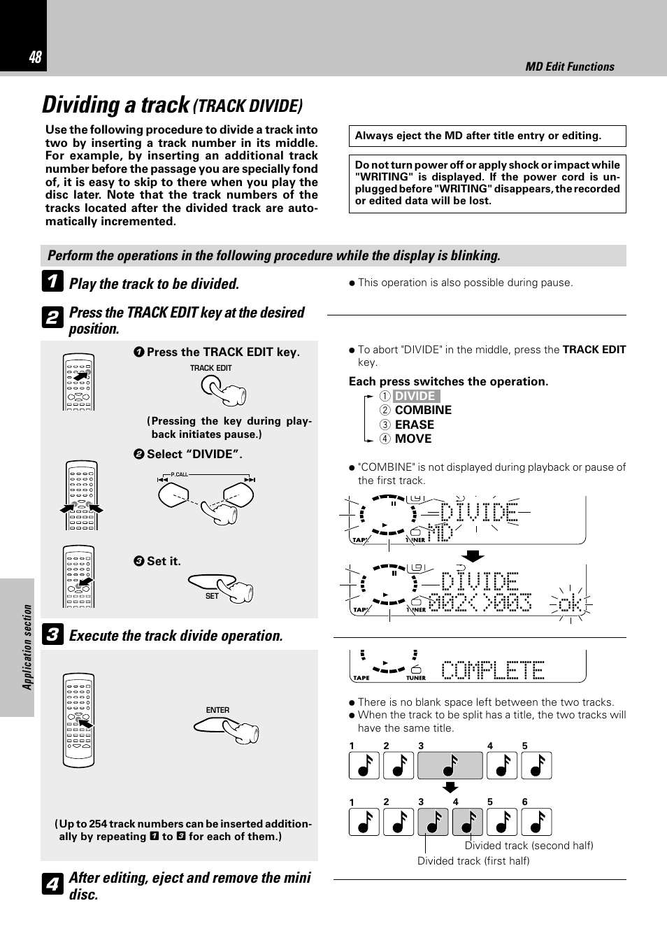 Dividing a track, Complete, Mdivide d | Track divide) | Kenwood HM-382MD User Manual | Page 48 / 72