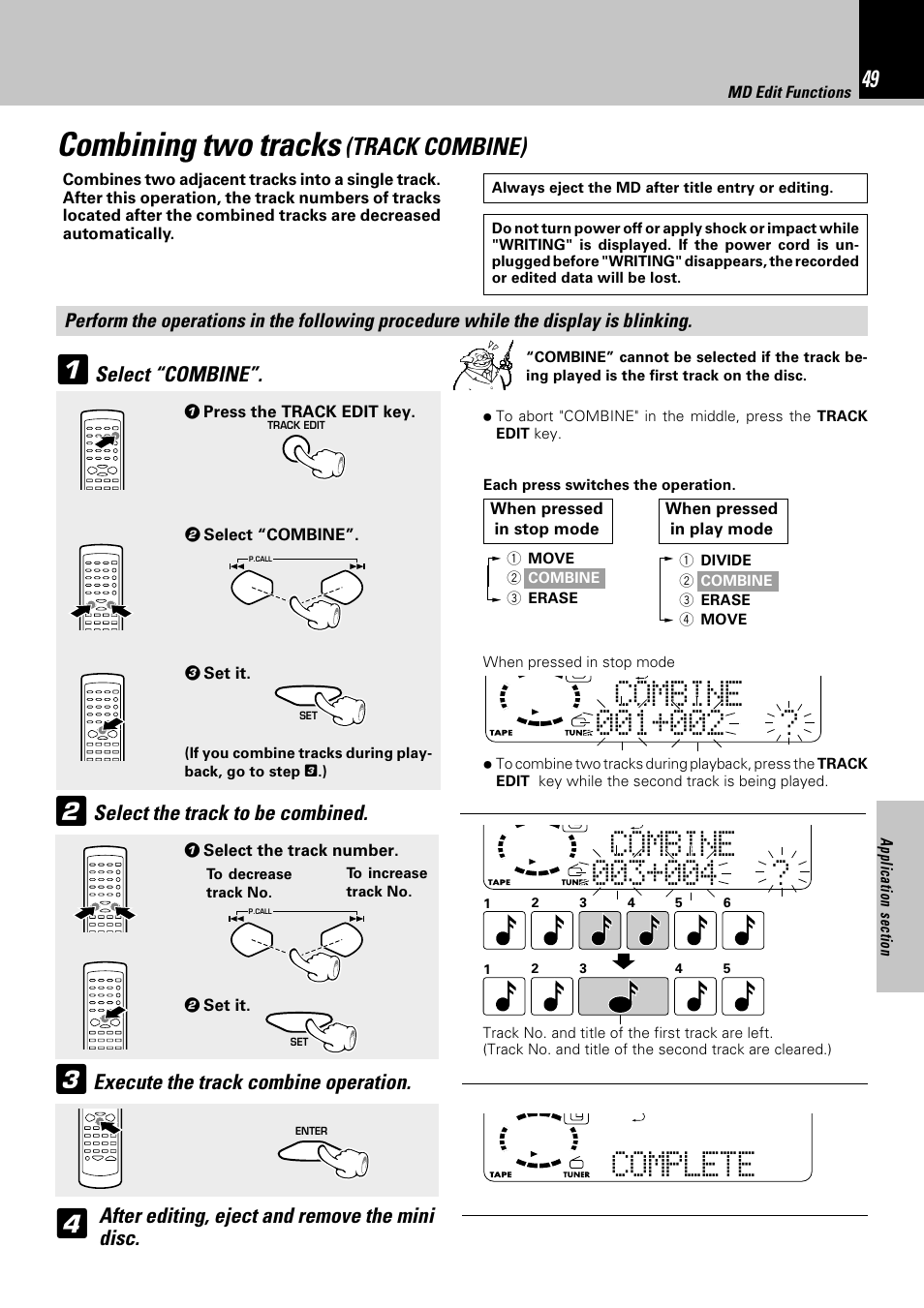 Combining two tracks, Complete, Track combine) | Select “combine, Select the track to be combined | Kenwood HM-382MD User Manual | Page 49 / 72