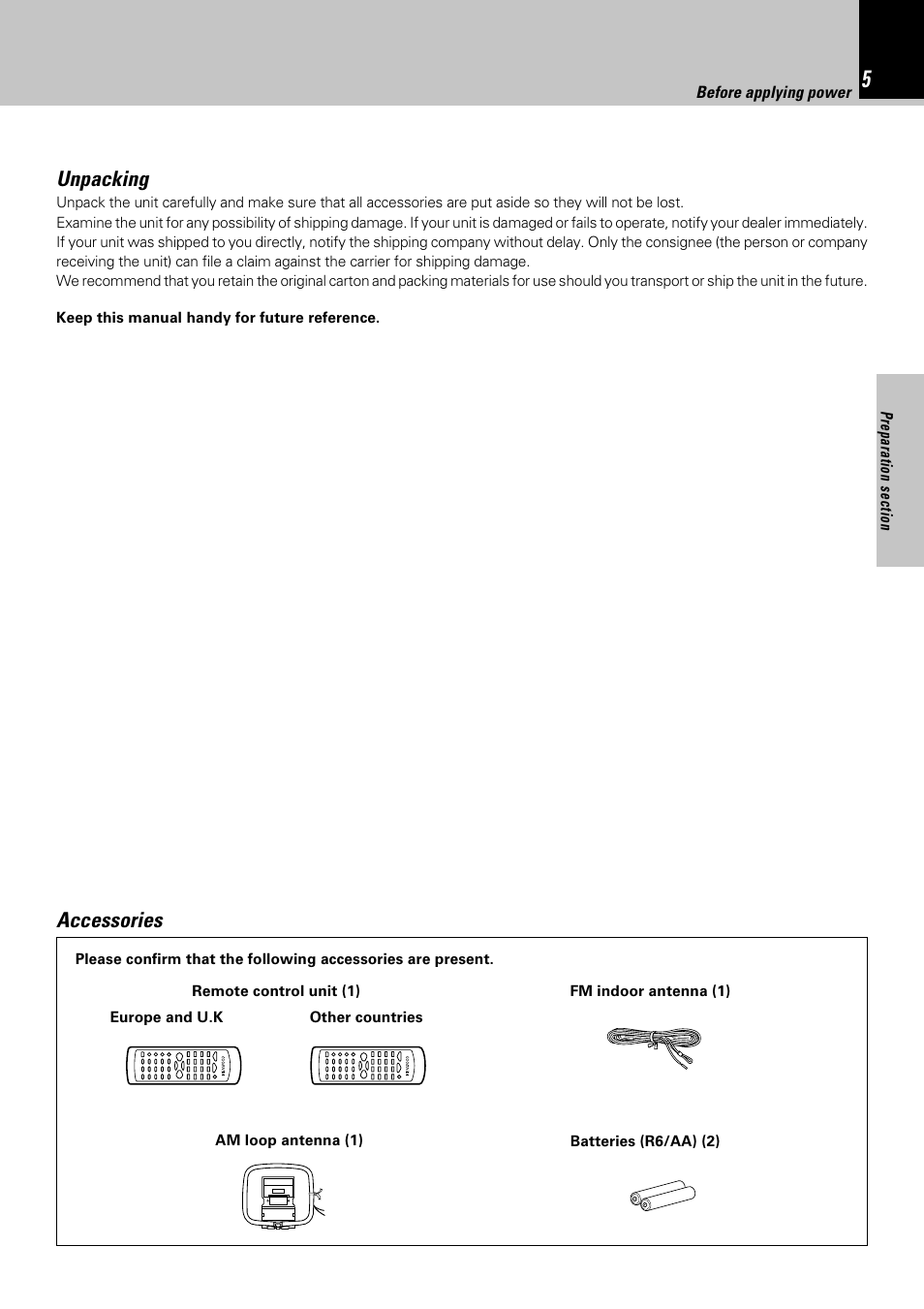 Unpacking, Accessories | Kenwood HM-382MD User Manual | Page 5 / 72