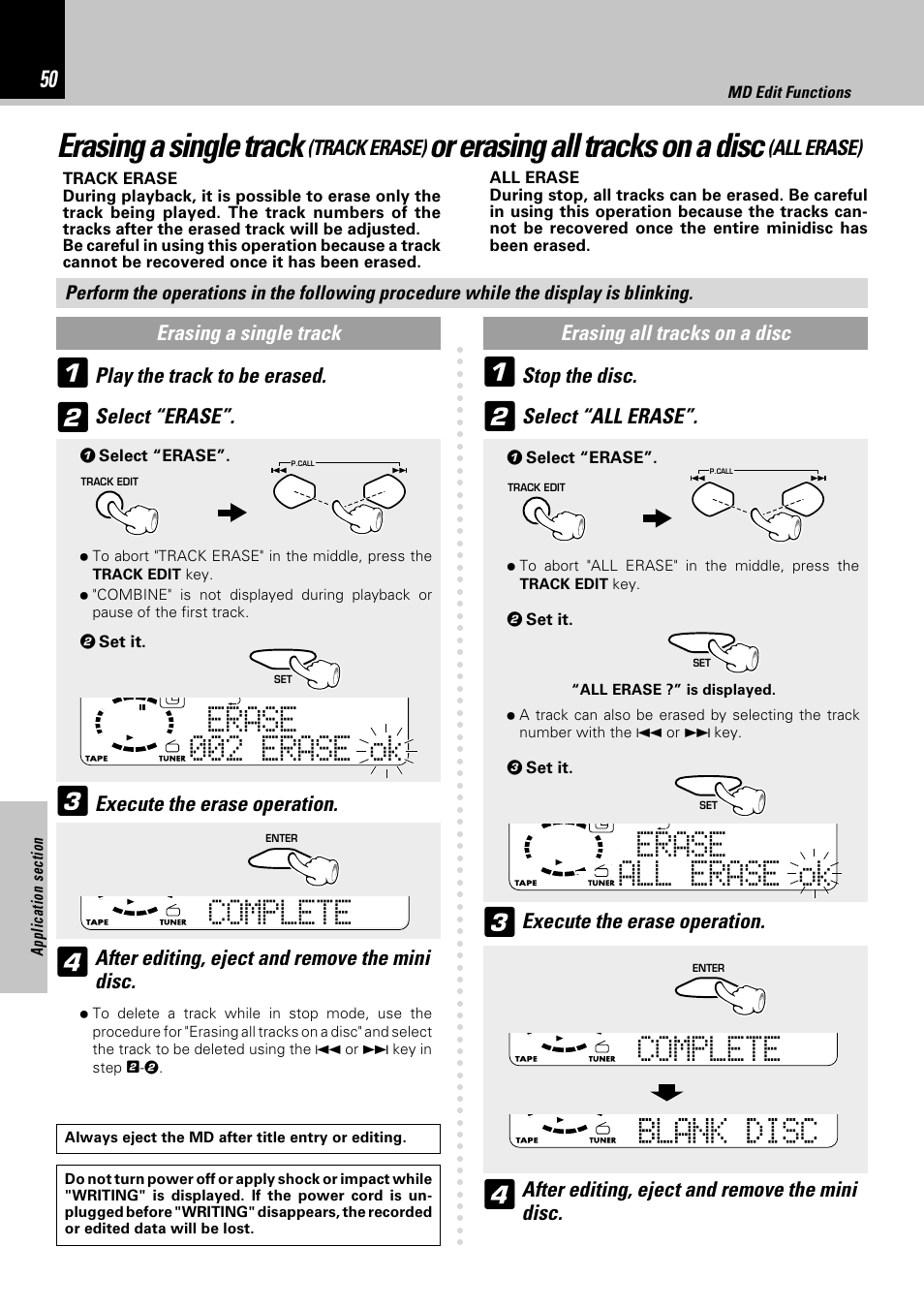 Erasing a single track, Or erasing all tracks on a disc, Complete | 0era se 02 era se k o, Aera se ll era se k o | Kenwood HM-382MD User Manual | Page 50 / 72