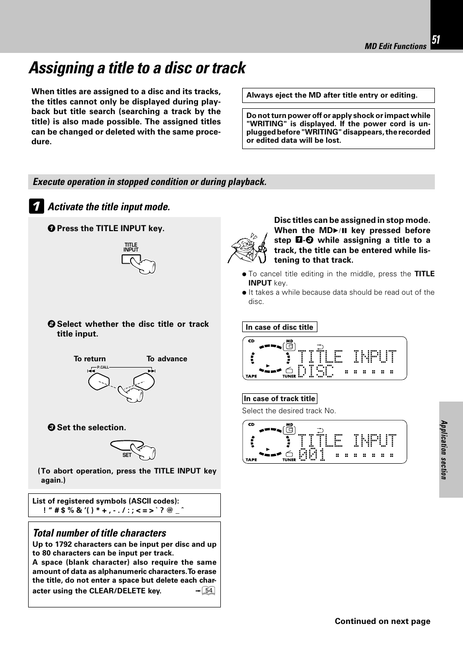 Assigning a title to a disc or track, Title input ...... disc title input 0 1 | Kenwood HM-382MD User Manual | Page 51 / 72