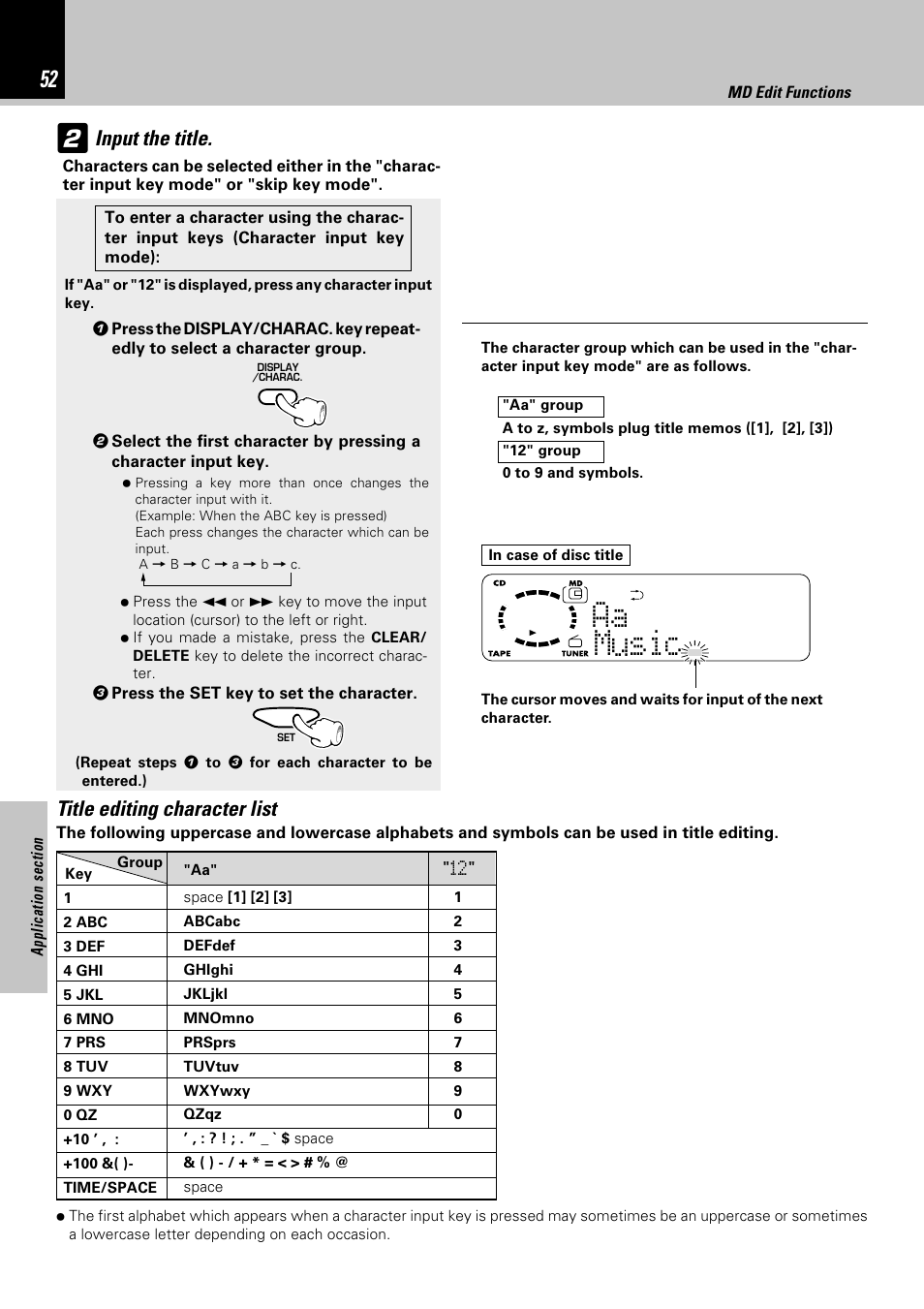 Aa ic s u m, Input the title, Title editing character list | Kenwood HM-382MD User Manual | Page 52 / 72