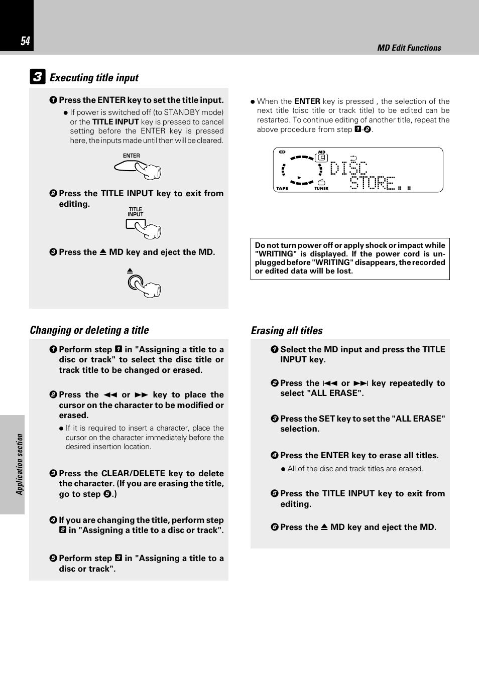 Disc tore s, Executing title input, Changing or deleting a title | Erasing all titles | Kenwood HM-382MD User Manual | Page 54 / 72