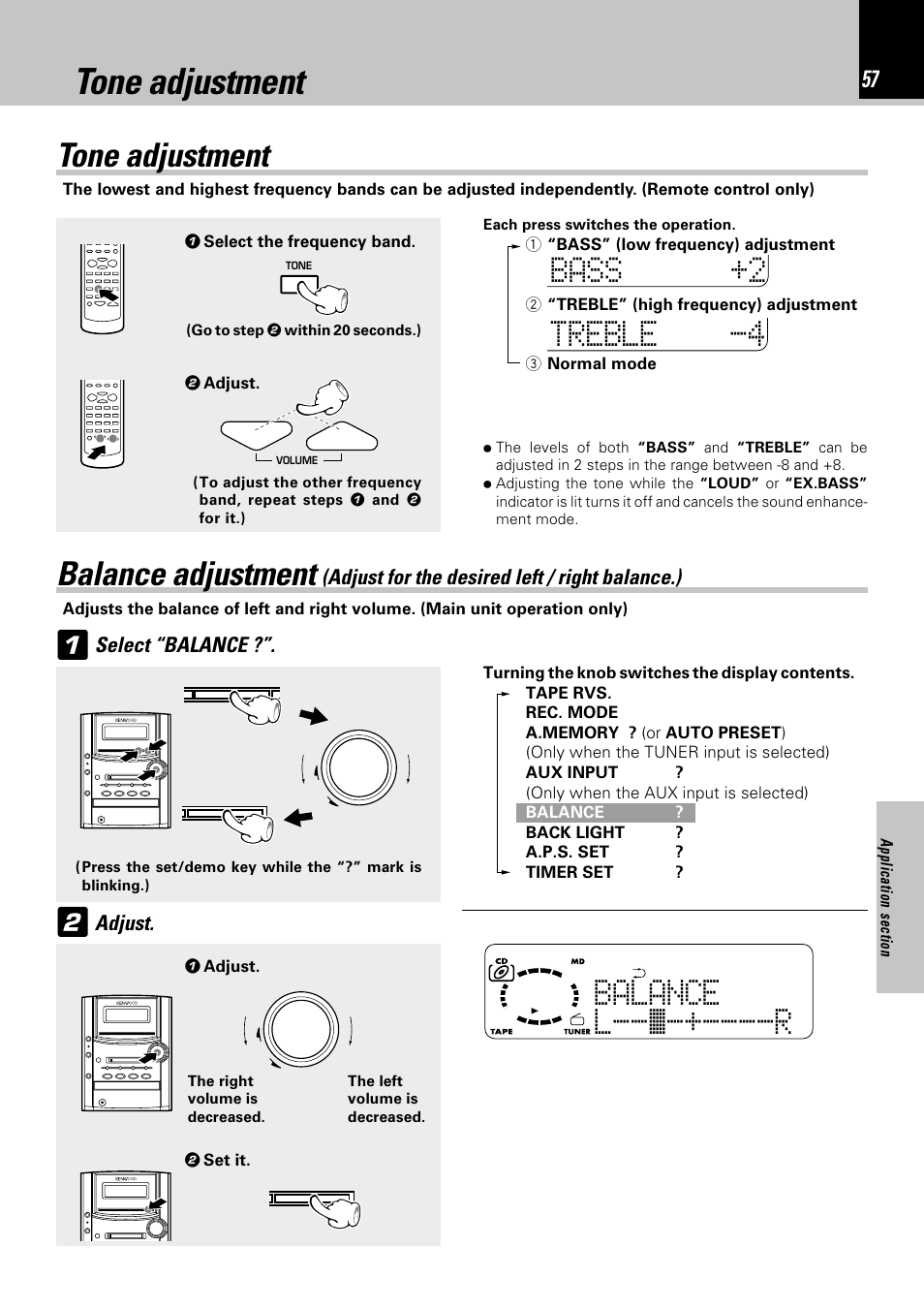 Tone adjustment, Balance adjustment, Lbalance --•-+----r | Bass 2 | Kenwood HM-382MD User Manual | Page 57 / 72
