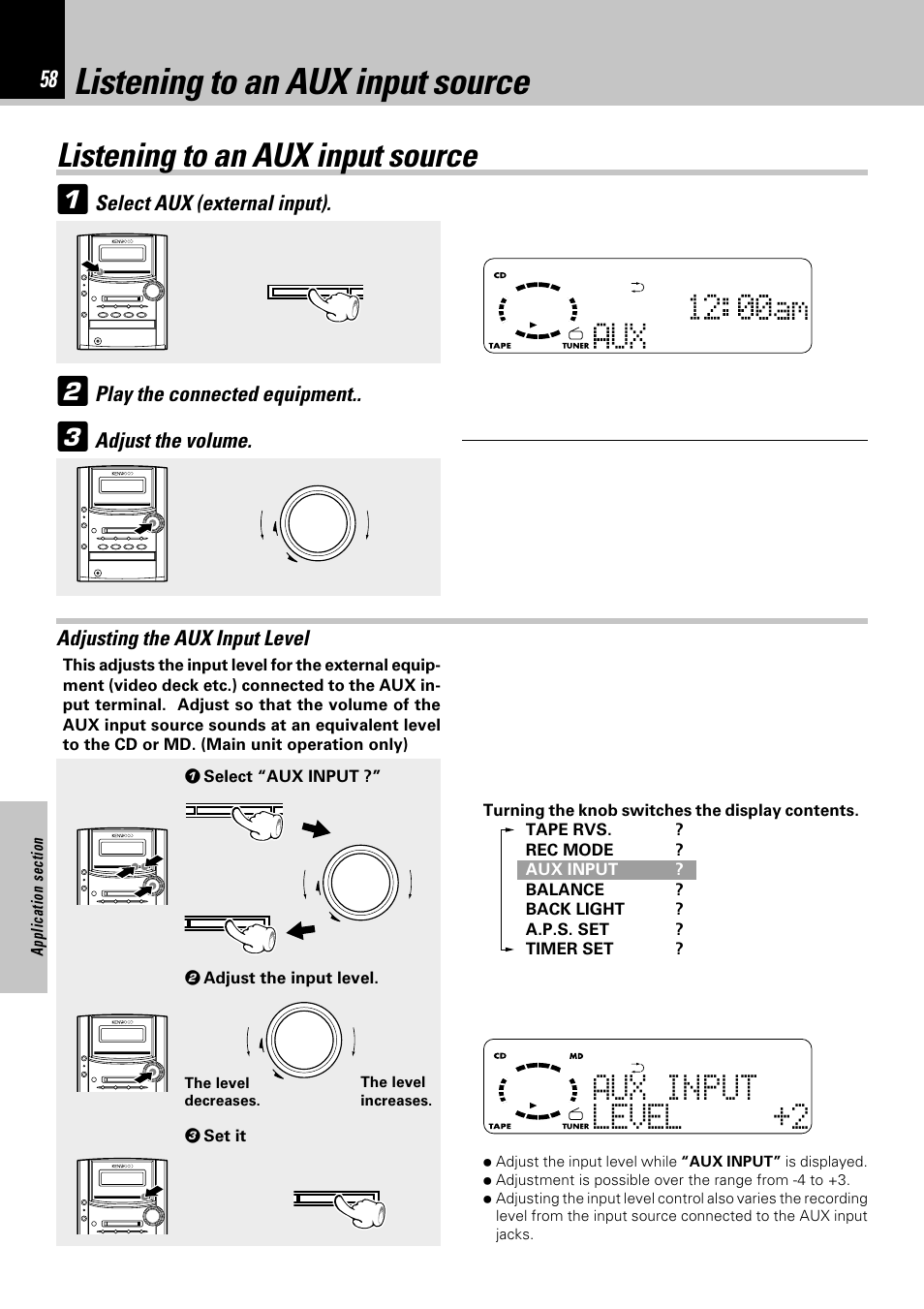 Listening to an aux input source | Kenwood HM-382MD User Manual | Page 58 / 72