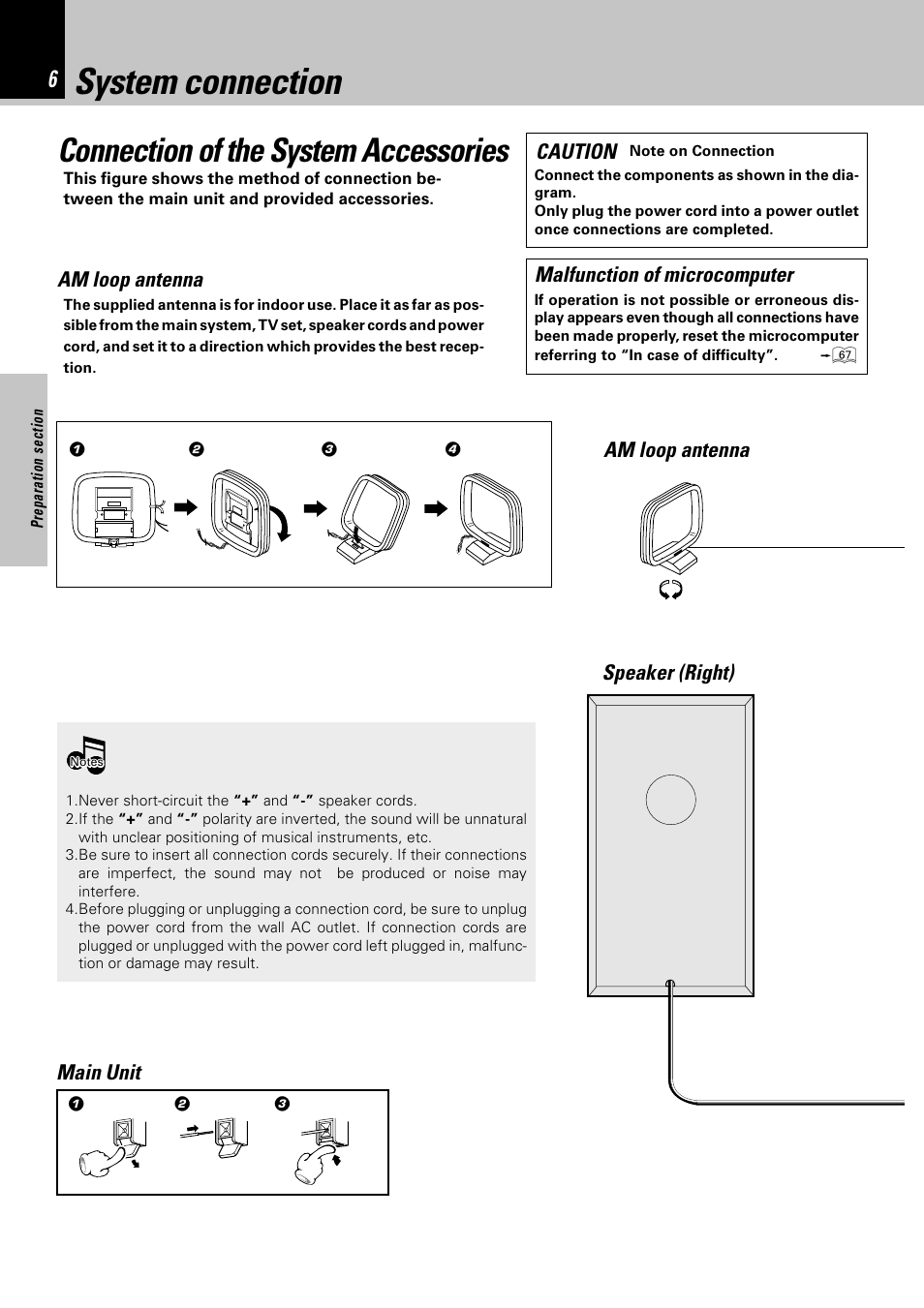 System connection, Connection of the system accessories, Malfunction of microcomputer | Am loop antenna, Speaker (right) main unit caution | Kenwood HM-382MD User Manual | Page 6 / 72