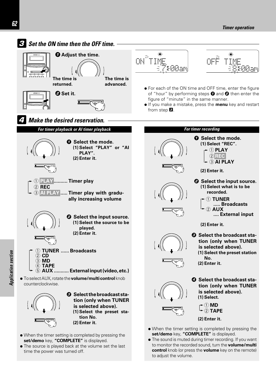 On time 7:00 m a, Off time 8:00 m a, Set the on time then the off time | Make the desired reservation | Kenwood HM-382MD User Manual | Page 62 / 72