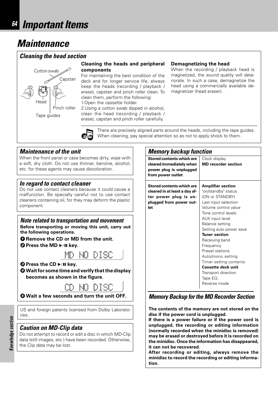 Important items, Maintenance | Kenwood HM-382MD User Manual | Page 64 / 72