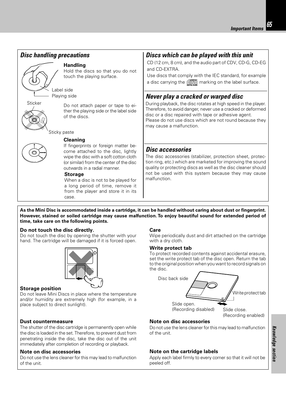 Discs which can be played with this unit, Disc handling precautions disc accessories, Never play a cracked or warped disc | Kenwood HM-382MD User Manual | Page 65 / 72