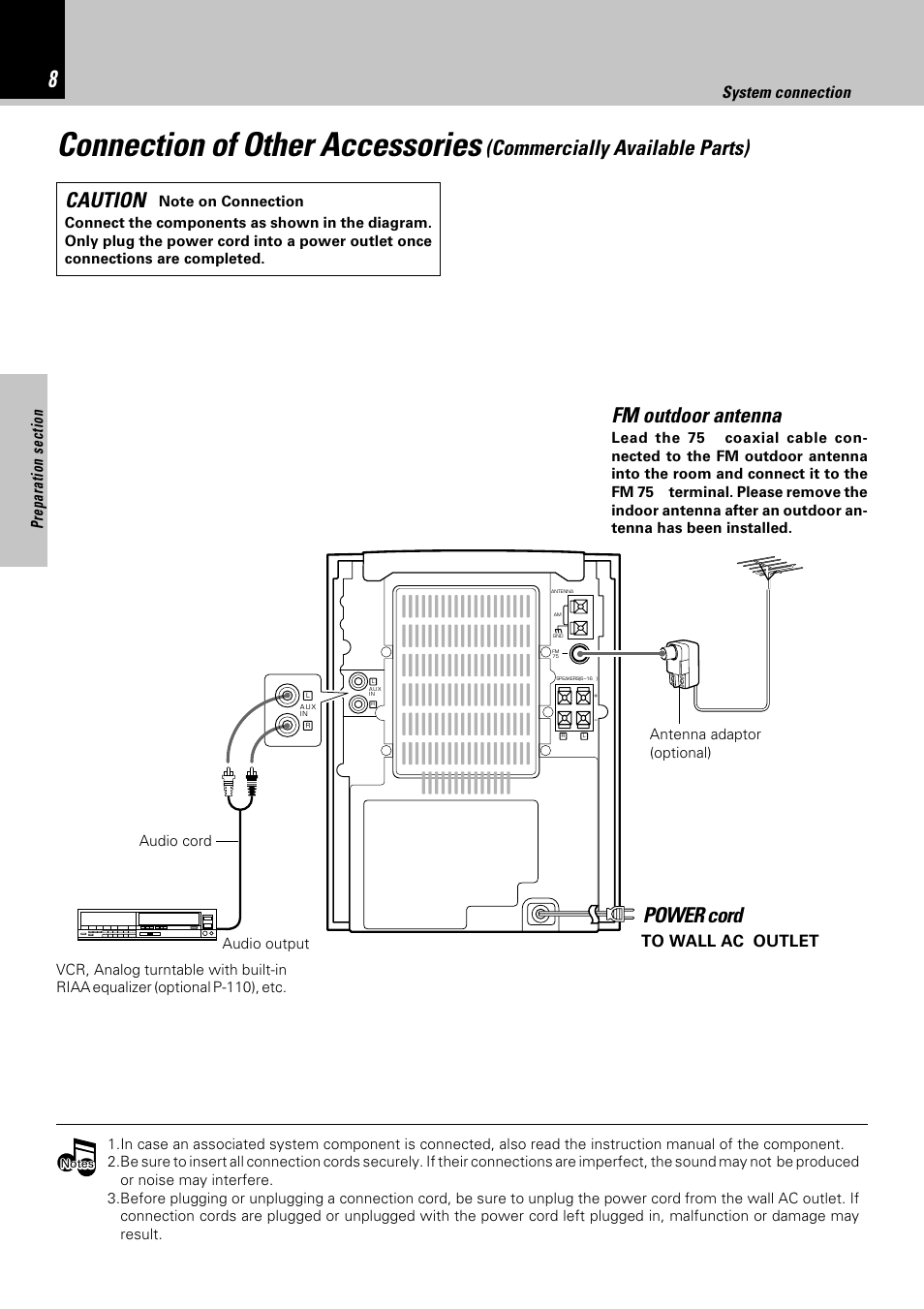 Connection of other accessories, Commercially available parts) fm outdoor antenna, Power cord | Caution, System connection | Kenwood HM-382MD User Manual | Page 8 / 72
