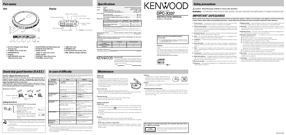 Kenwood DPC-X337 User Manual | 2 pages