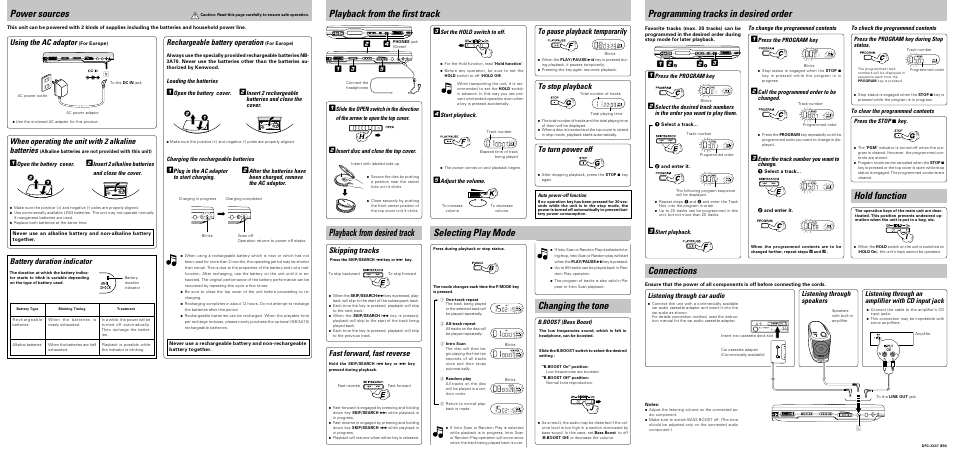 Power sources, Playback from the first track, Playback from desired track | Selecting play mode, Changing the tone, Programming tracks in desired order, Hold function, Connections, Skipping tracks fast forward, fast reverse, Battery duration indicator | Kenwood DPC-X337 User Manual | Page 2 / 2