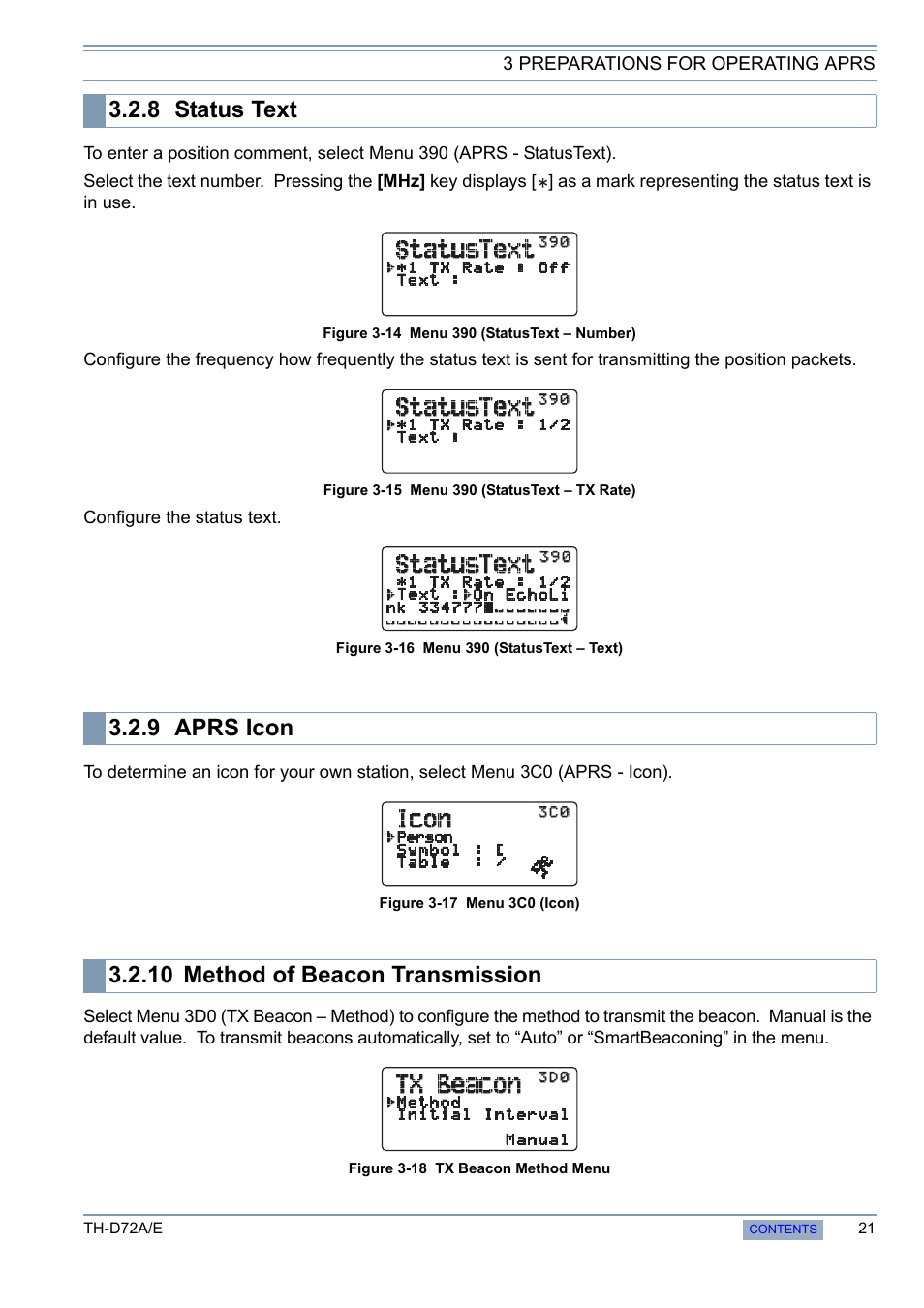 8 status text, 9 aprs icon, 10 method of beacon transmission | Status text, Aprs icon, Method of beacon transmission | Kenwood TH-D72A/E User Manual | Page 29 / 92